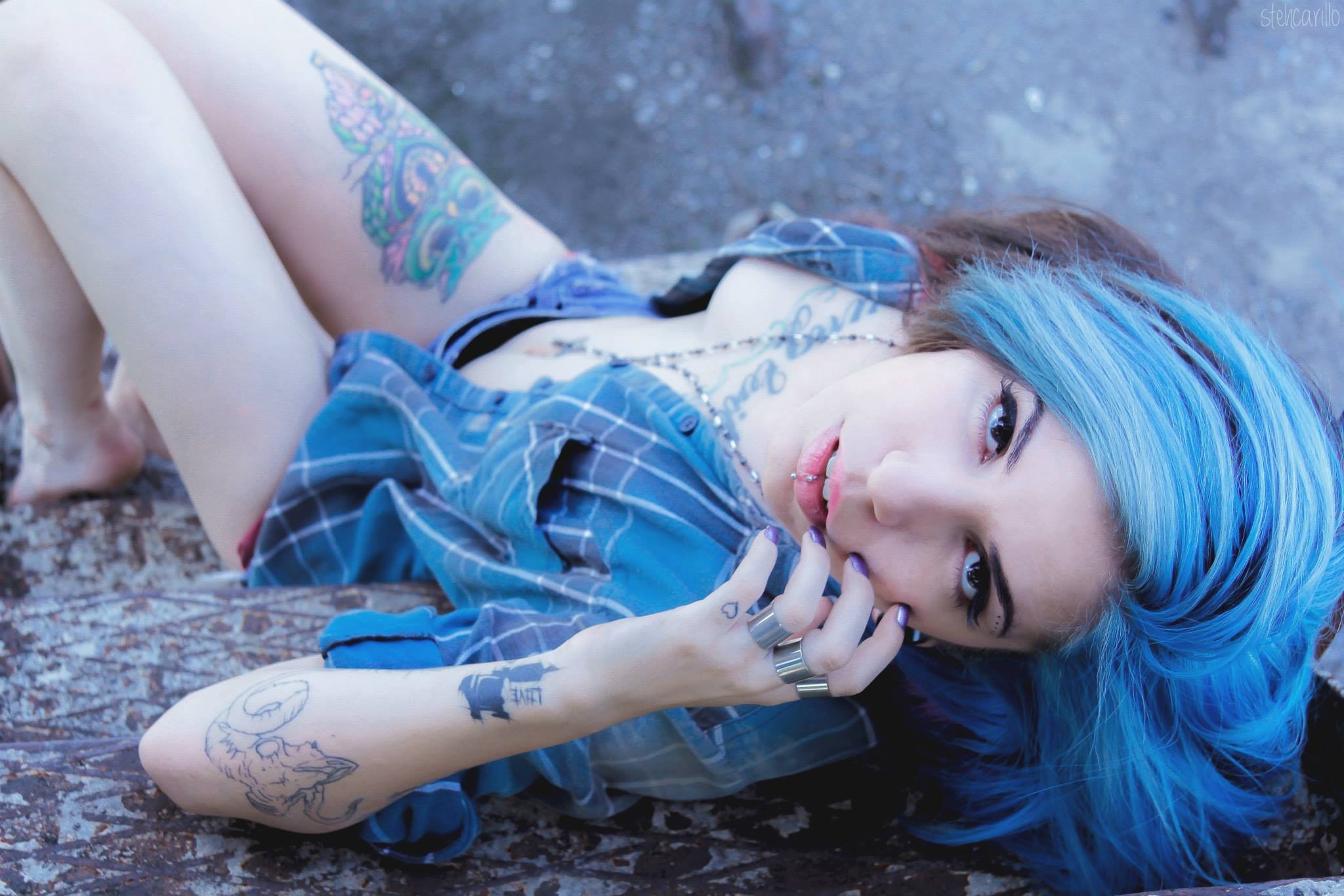 People 2048x1366 Suicide Girls women blue hair pierced lip pornstar legs together dyed hair face looking at viewer inked girls piercing purple nails women outdoors