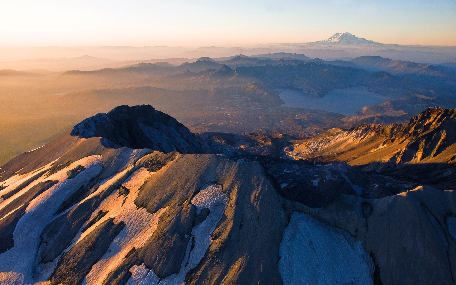 General 1920x1200 mountains Mount St.  Helens lake snowy peak mist volcano Washington (state) nature landscape morning aerial view