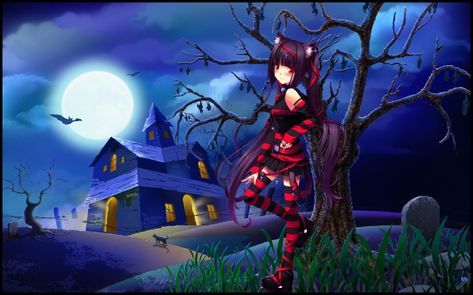 Anime 1920x1200 anime anime girls creepy bats Moon striped stockings house night red eyes animal ears long hair purple hair