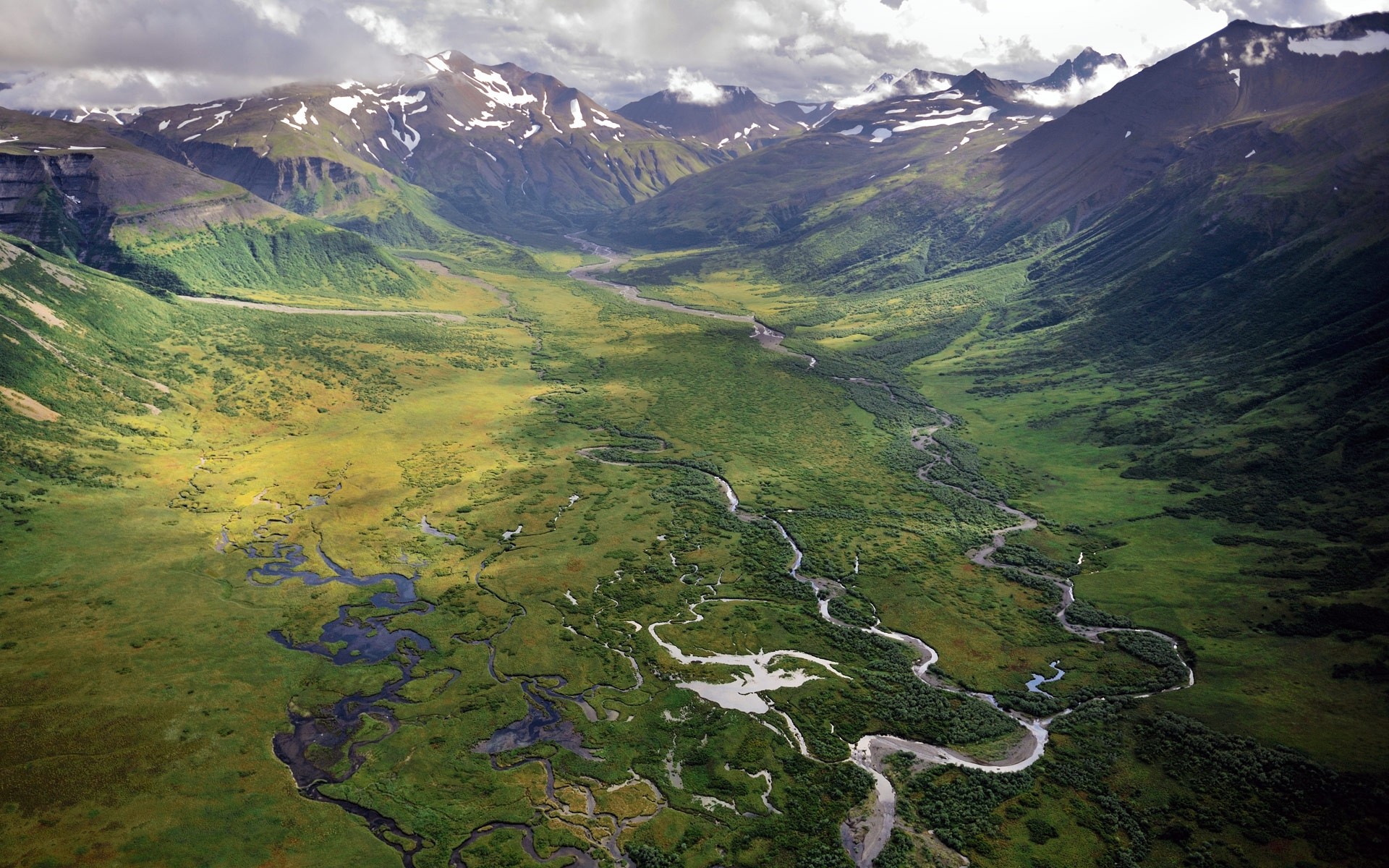 General 1920x1200 landscape nature valley river aerial view mountains Alaska snowy peak clouds green spring nordic landscapes