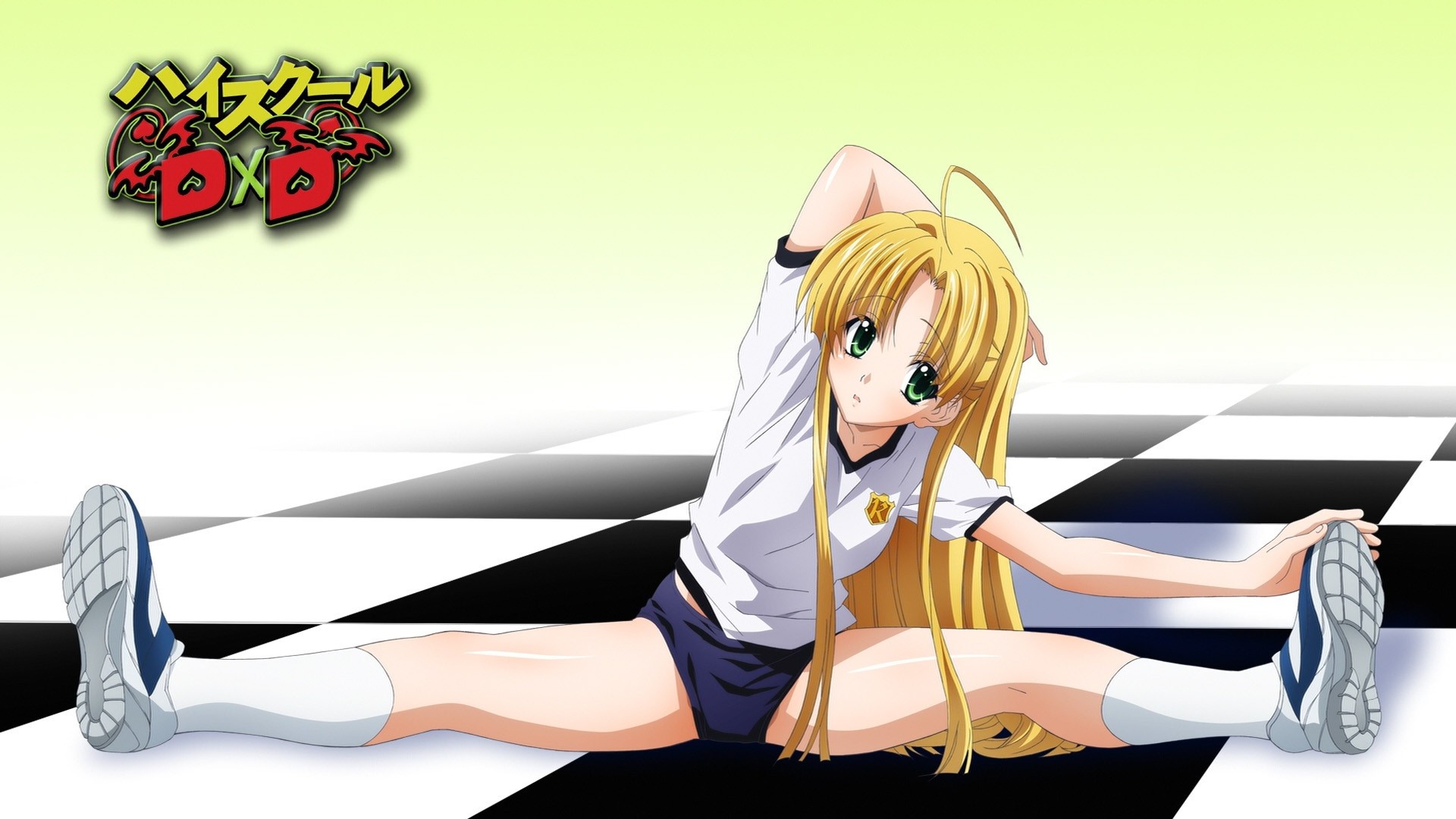 Anime 1920x1080 High School DxD Argento Asia anime girls blonde long hair green eyes spread legs flexible looking at viewer anime splits thighs stretching sportswear shorts short shorts
