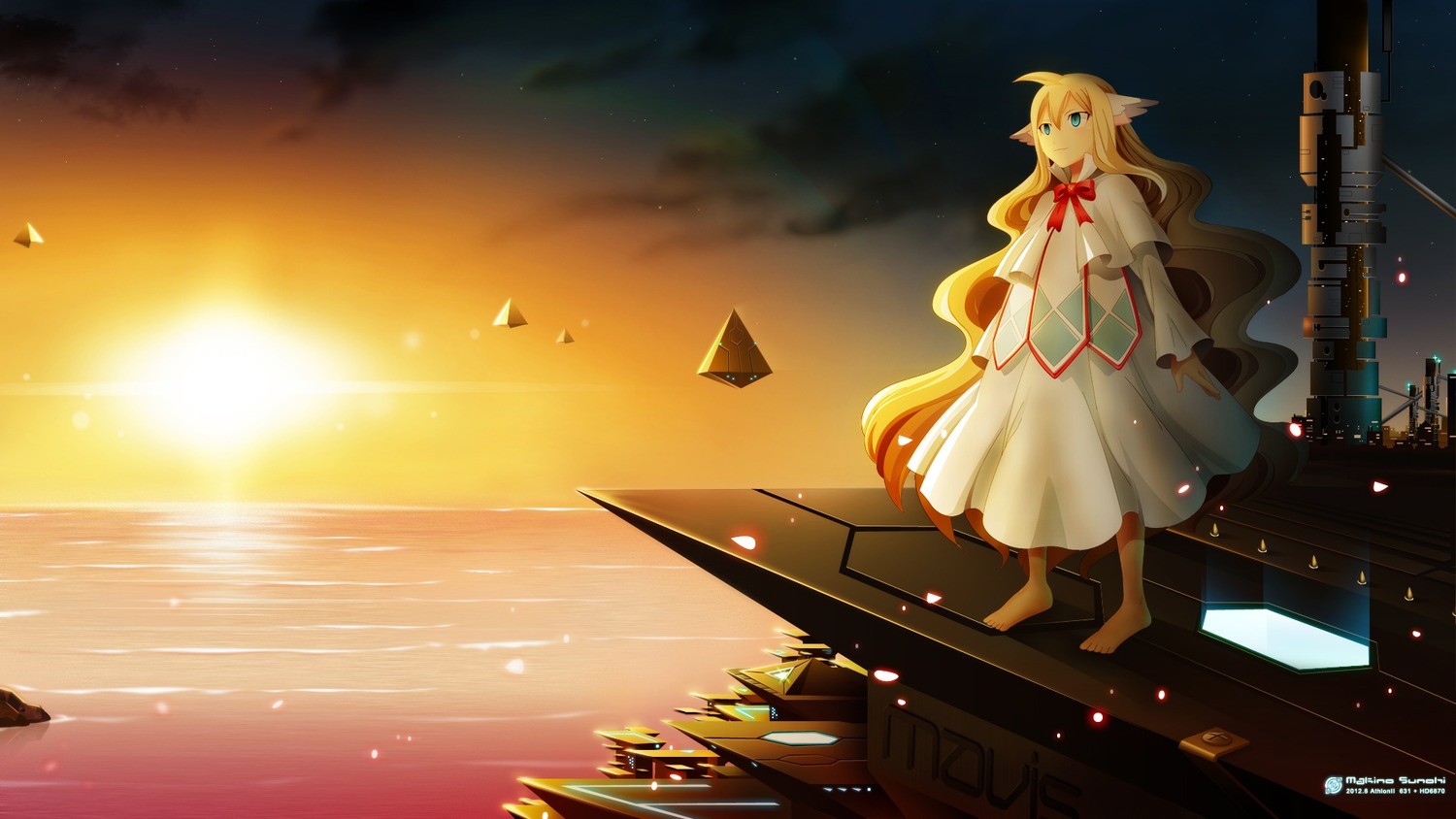 Anime 1500x844 anime anime girls sky sunlight blonde barefoot Fairy Tail standing Sun