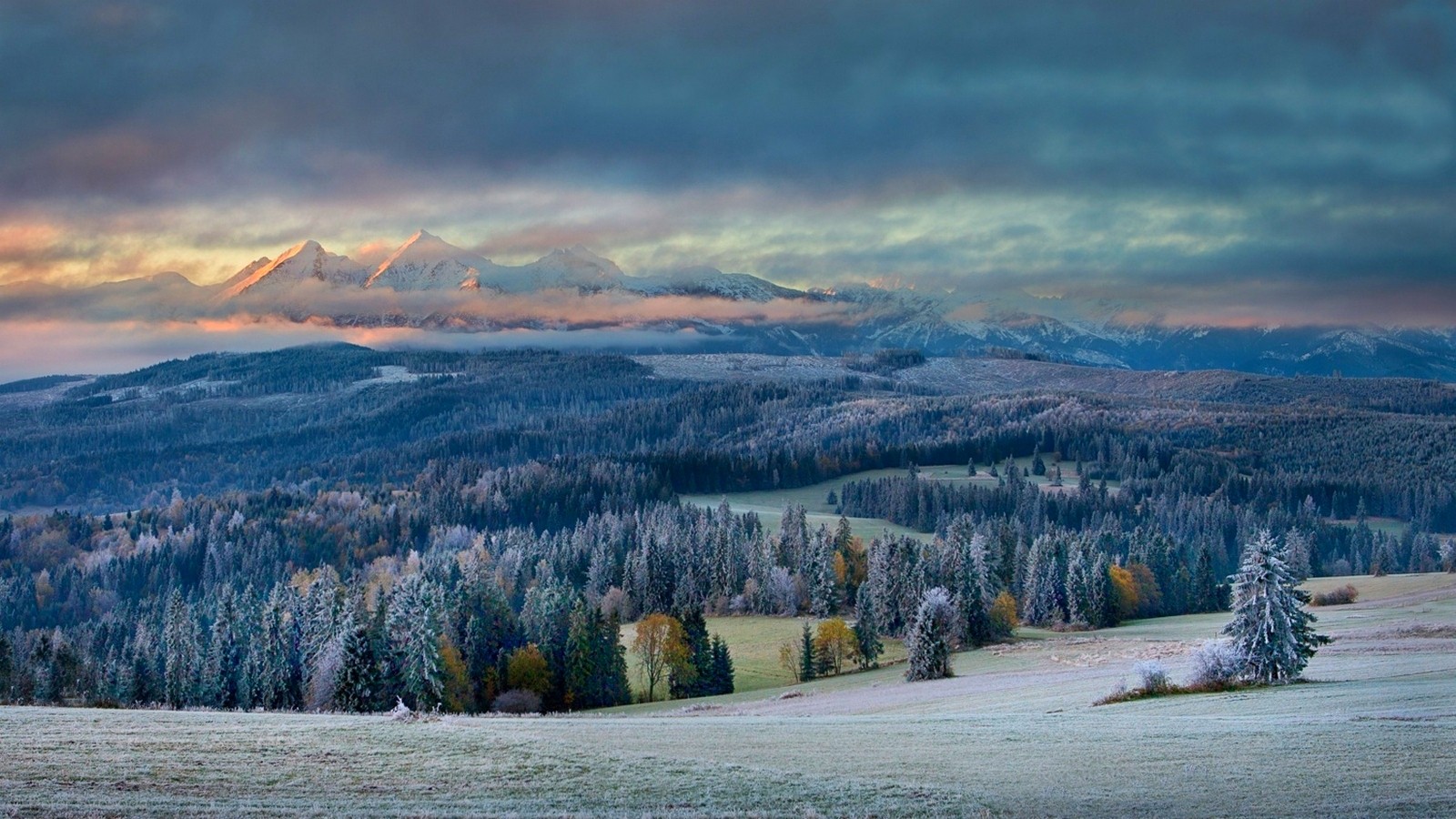 General 1600x900 nature landscape mountains forest sunset fall frost snowy peak clouds cold valley field far view