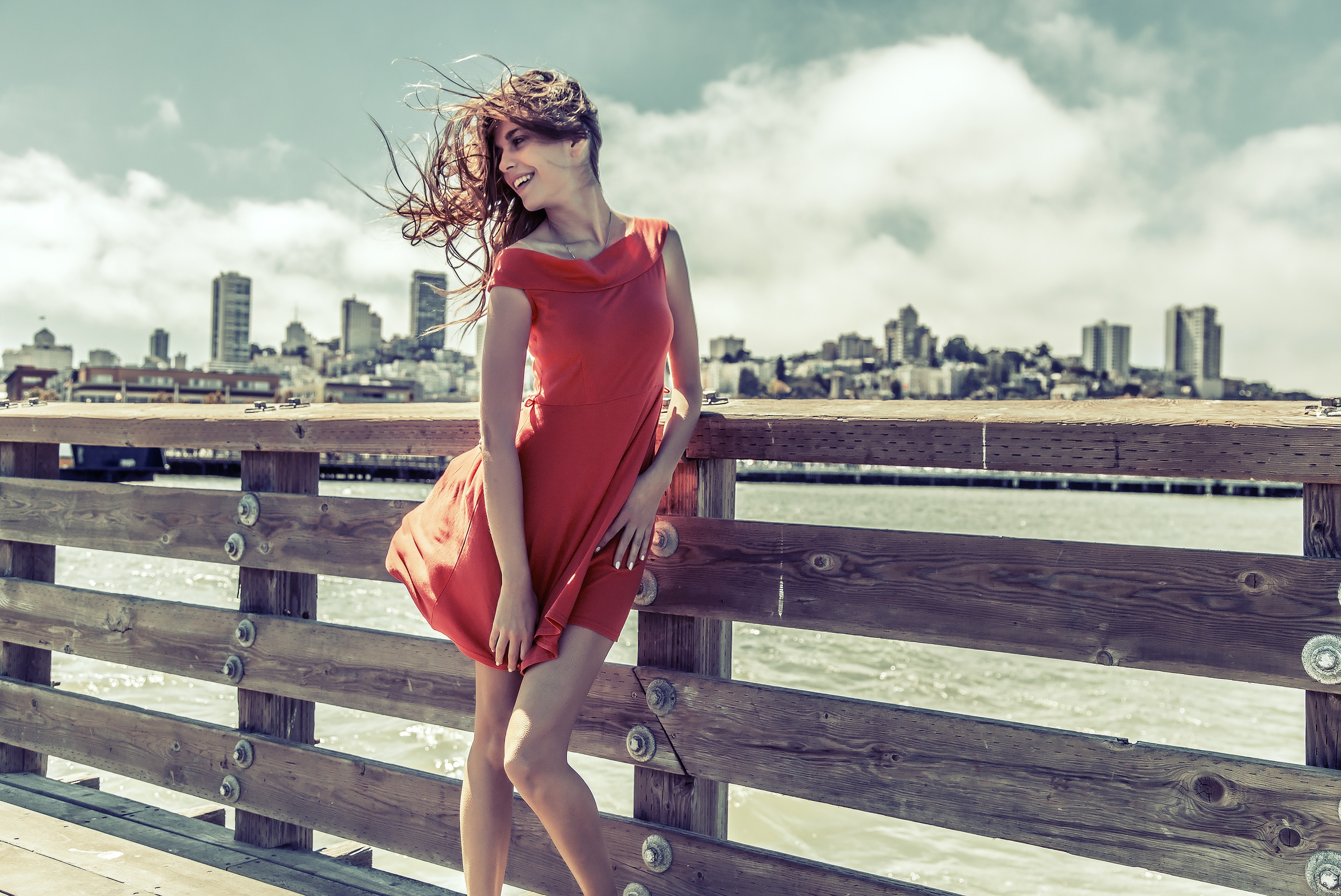 People 5000x3342 women model city wind red dress dress women outdoors looking away knees together standing outdoors