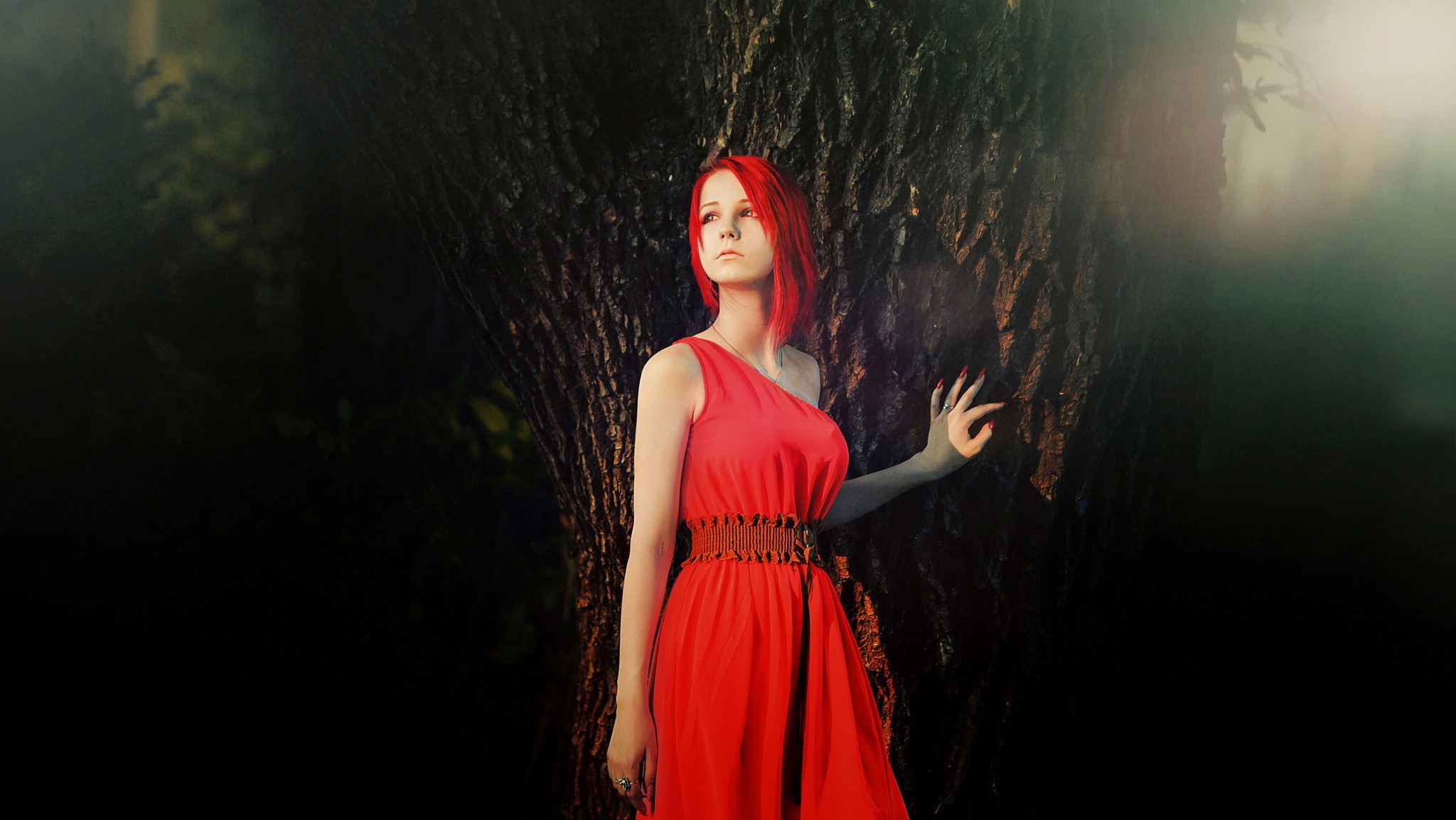 People 2048x1153 women model redhead red dress trees cosplay dyed hair dress red clothing looking up red nails painted nails women outdoors standing CGI