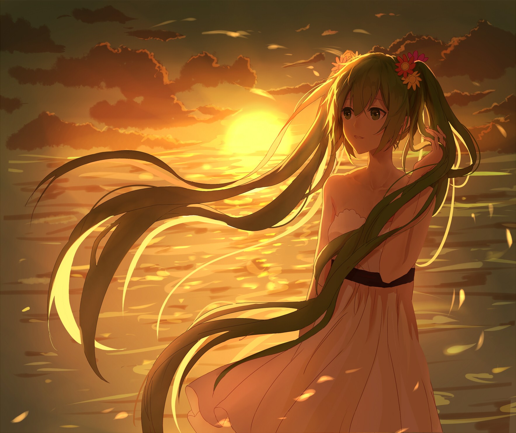 Anime 1767x1483 anime Hatsune Miku sunset long hair twintails anime girls Vocaloid Sun sky water windy flower in hair dress