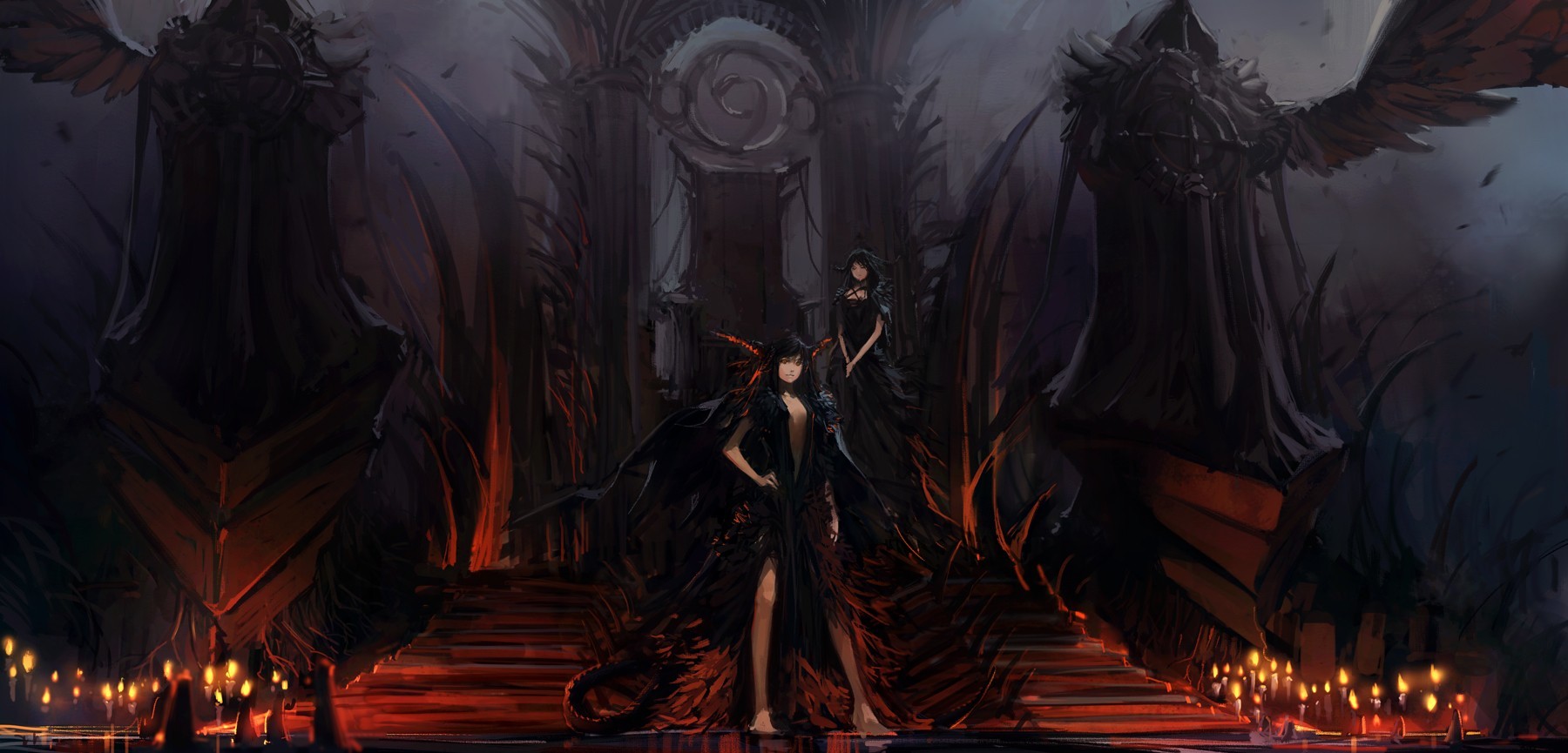 General 1800x865 fantasy art dark anime girls anime candles fantasy girl two women standing