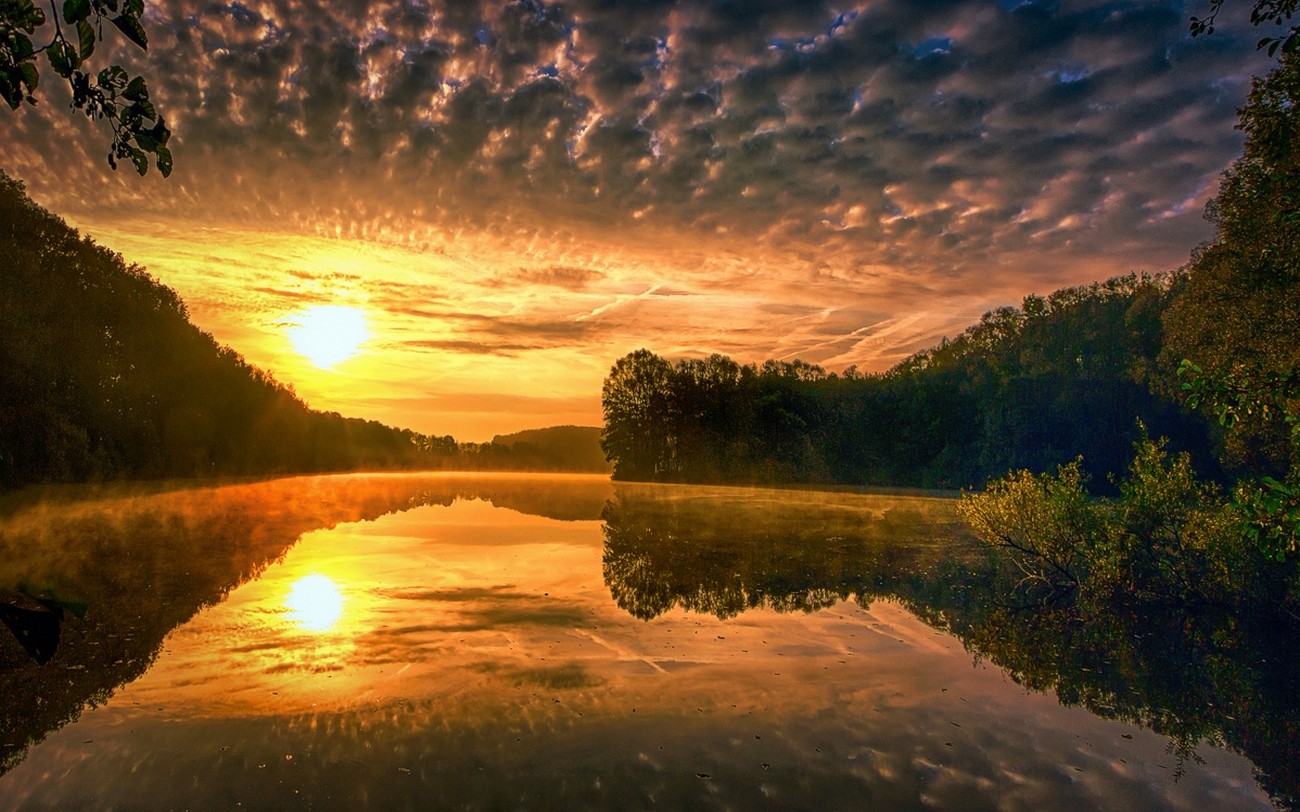 General 1300x812 nature landscape water liquid lake sunset calm hills clouds yellow sky sunlight reflection
