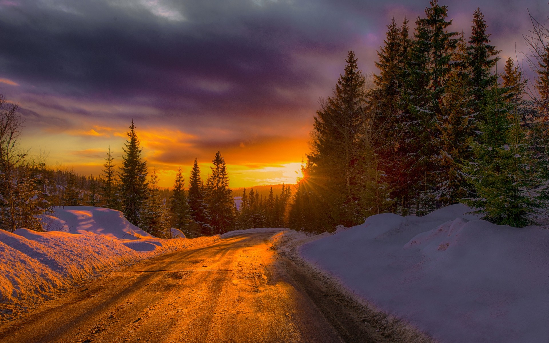General 1920x1200 nature landscape mist sunset road winter snow forest Norway gold