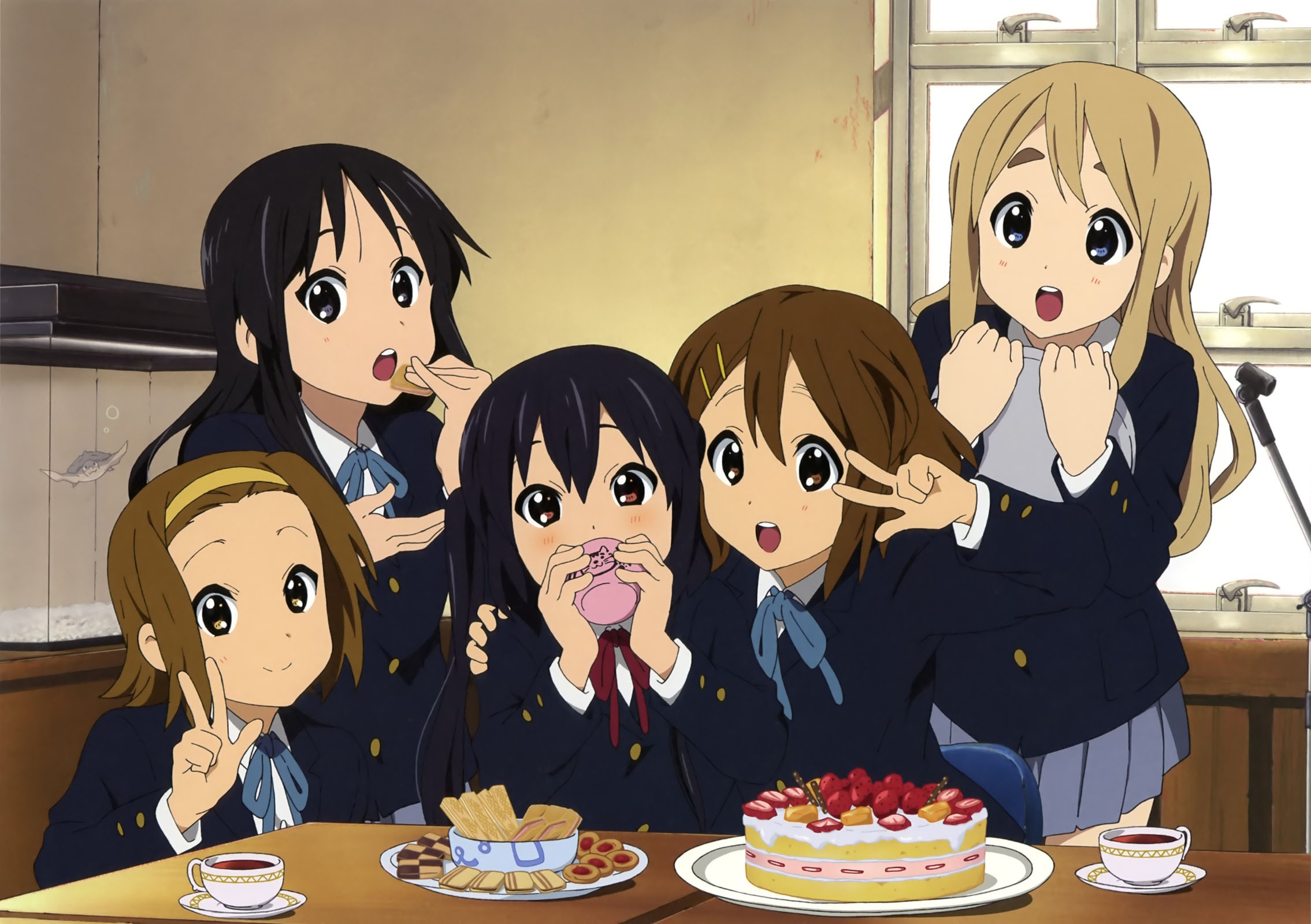 Anime 2269x1600 Hirasawa Yui anime girls anime group of women cake food sweets anime girls eating hand gesture