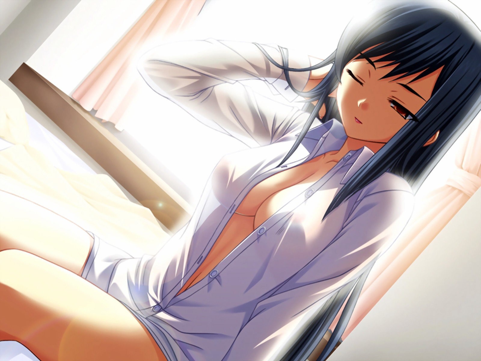 Anime 1600x1200 anime girls open shirt cleavage no bra dark hair long hair in bed window Amano Yuu boobs women indoors indoors one eye closed