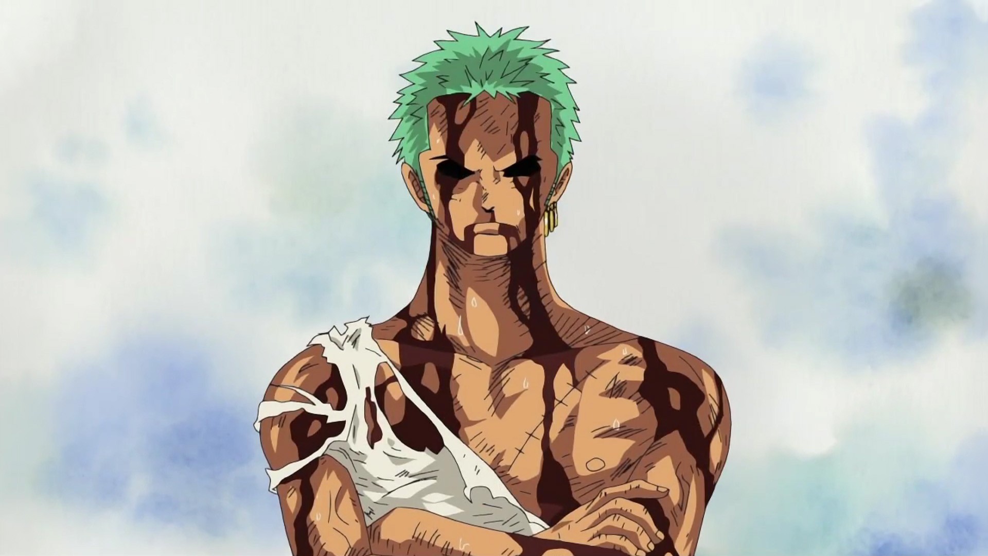 Anime 1920x1080 One Piece Roronoa Zoro anime anime screenshot anime boys green hair simple background blood earring black eyes closed mouth frown muscles arms crossed sweat