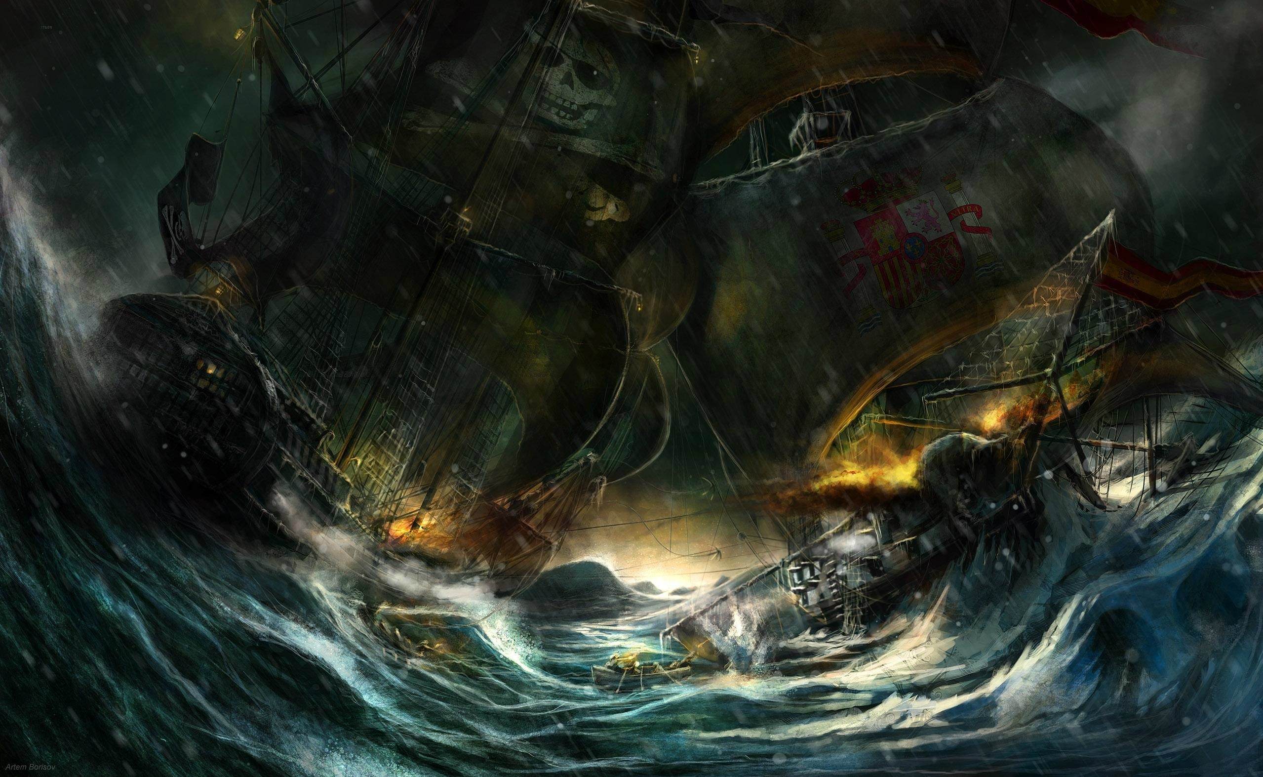 General 2558x1573 ship pirates fantasy art sailing ship storm Pirate ship sea digital art low light