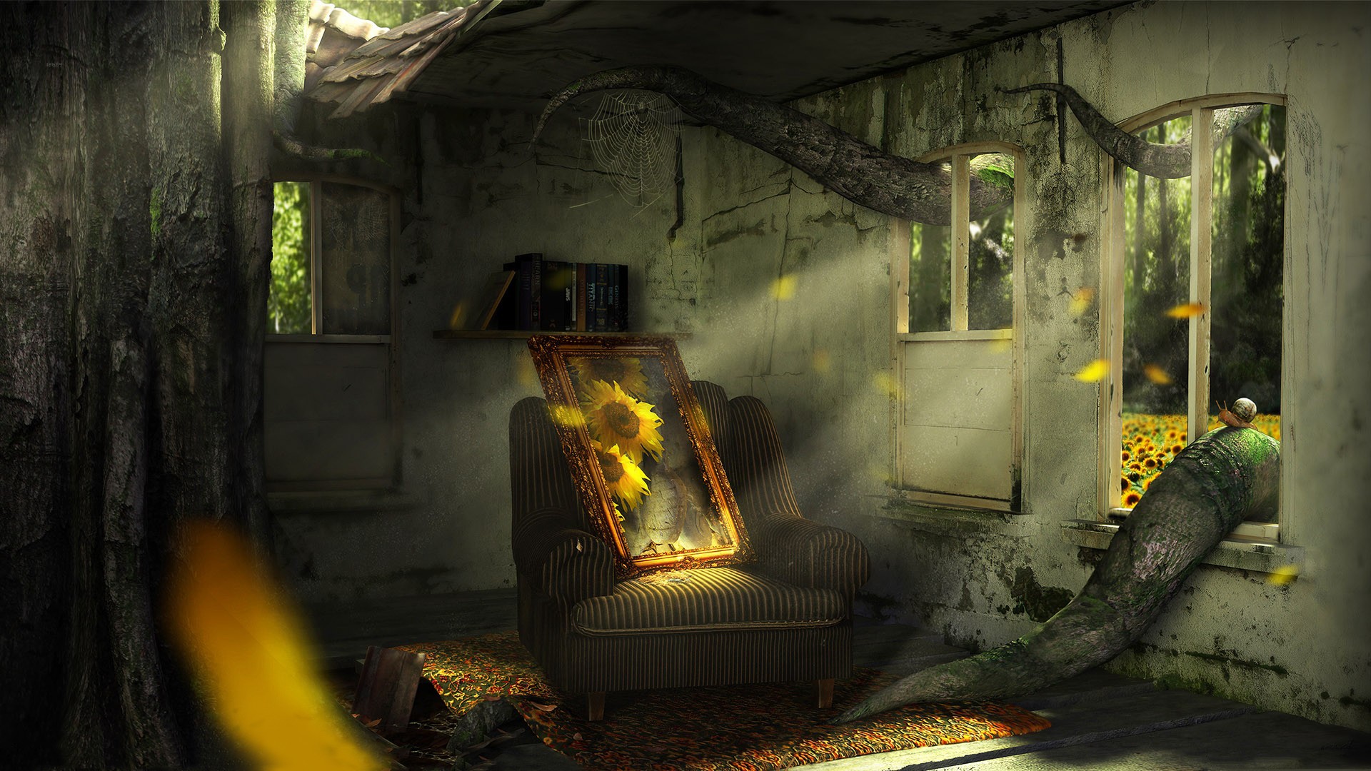 General 1920x1080 digital art painting nature spiderwebs ruins chair sunflowers abandoned