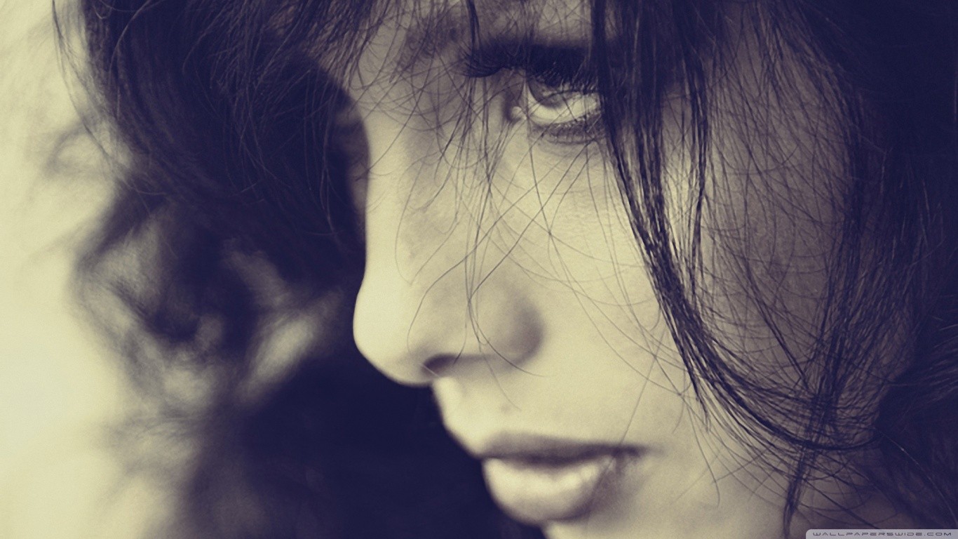People 1366x768 women closeup face brunette sepia looking into the distance kaslito