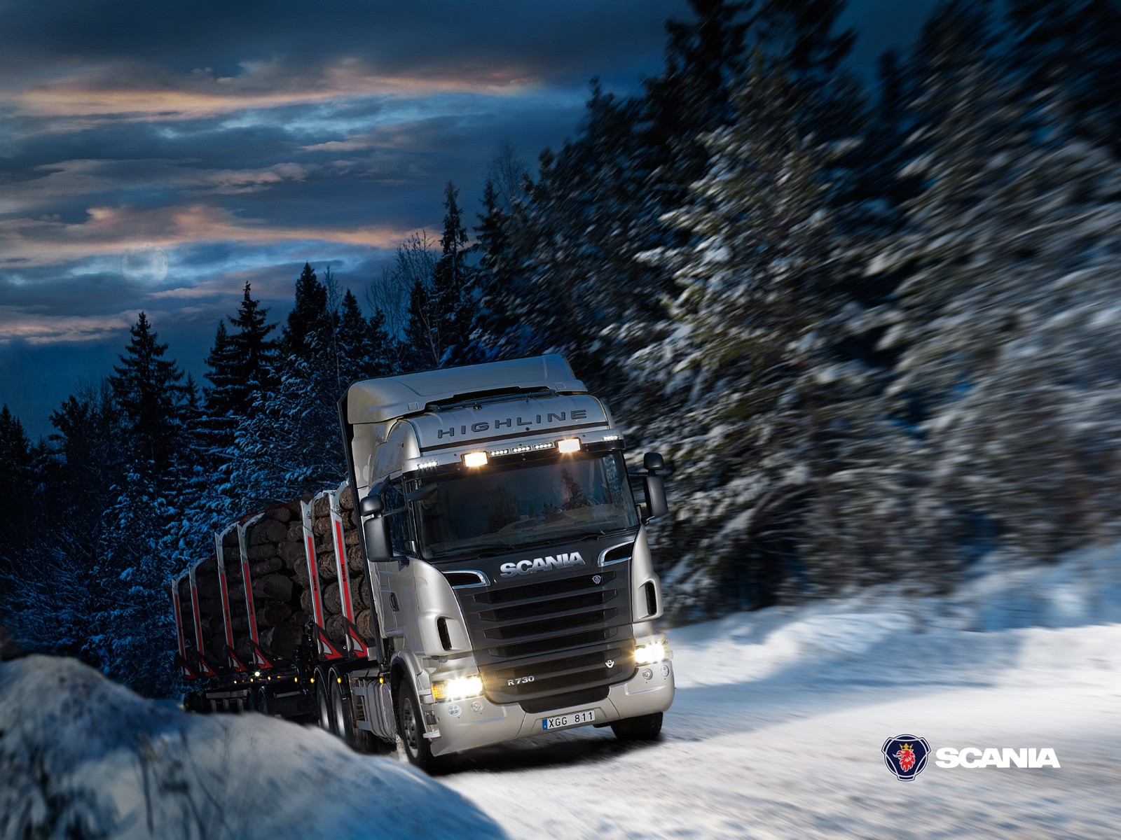 General 1600x1200 Scania numbers snow vehicle truck road motion blur silver truck (vehicle) cold outdoors Swedish trucks frontal view headlights trees sky ice clouds watermarked driving