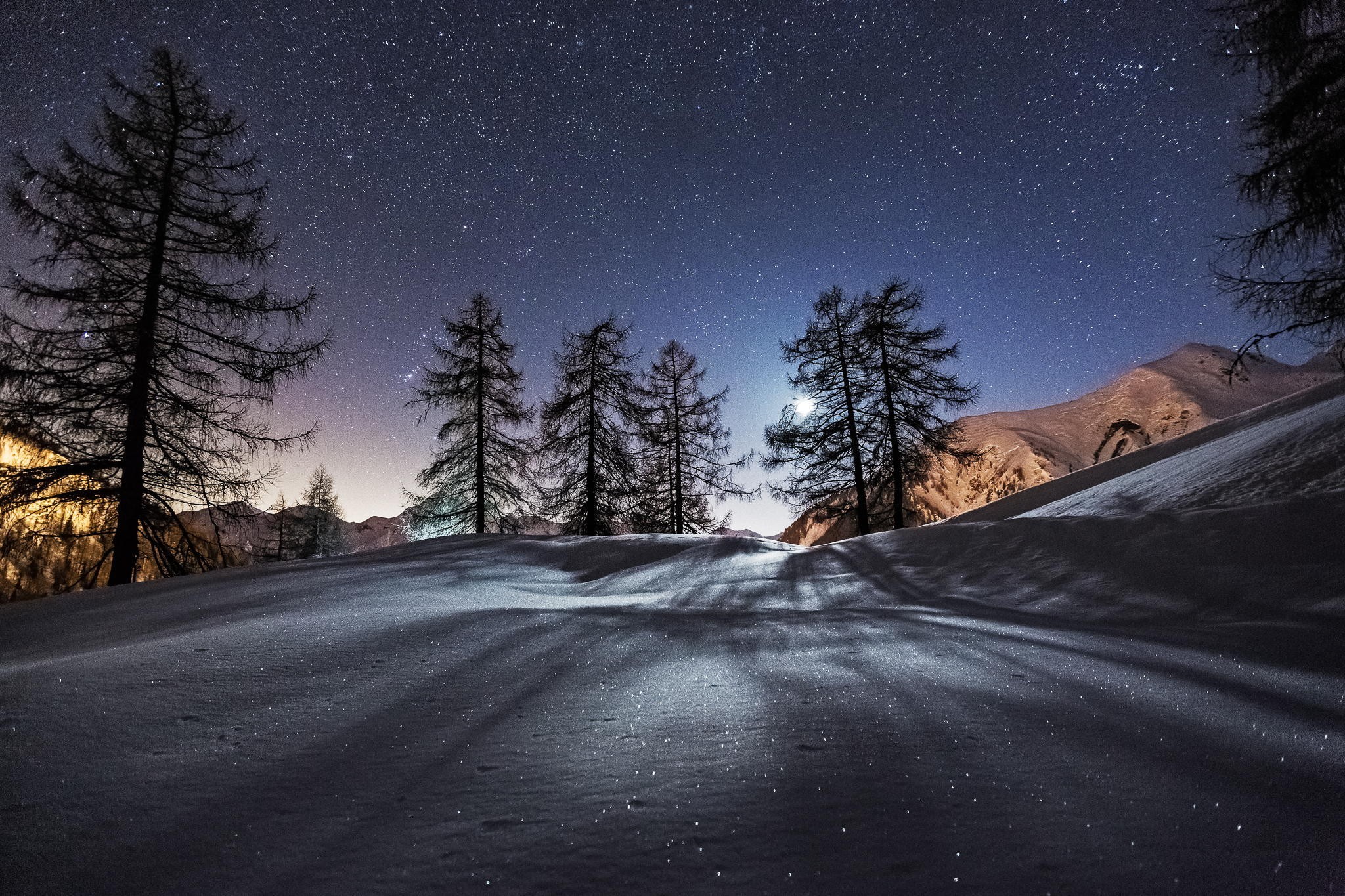 General 2048x1365 winter landscape night snow photography nature trees mountains Moon sky stars low light