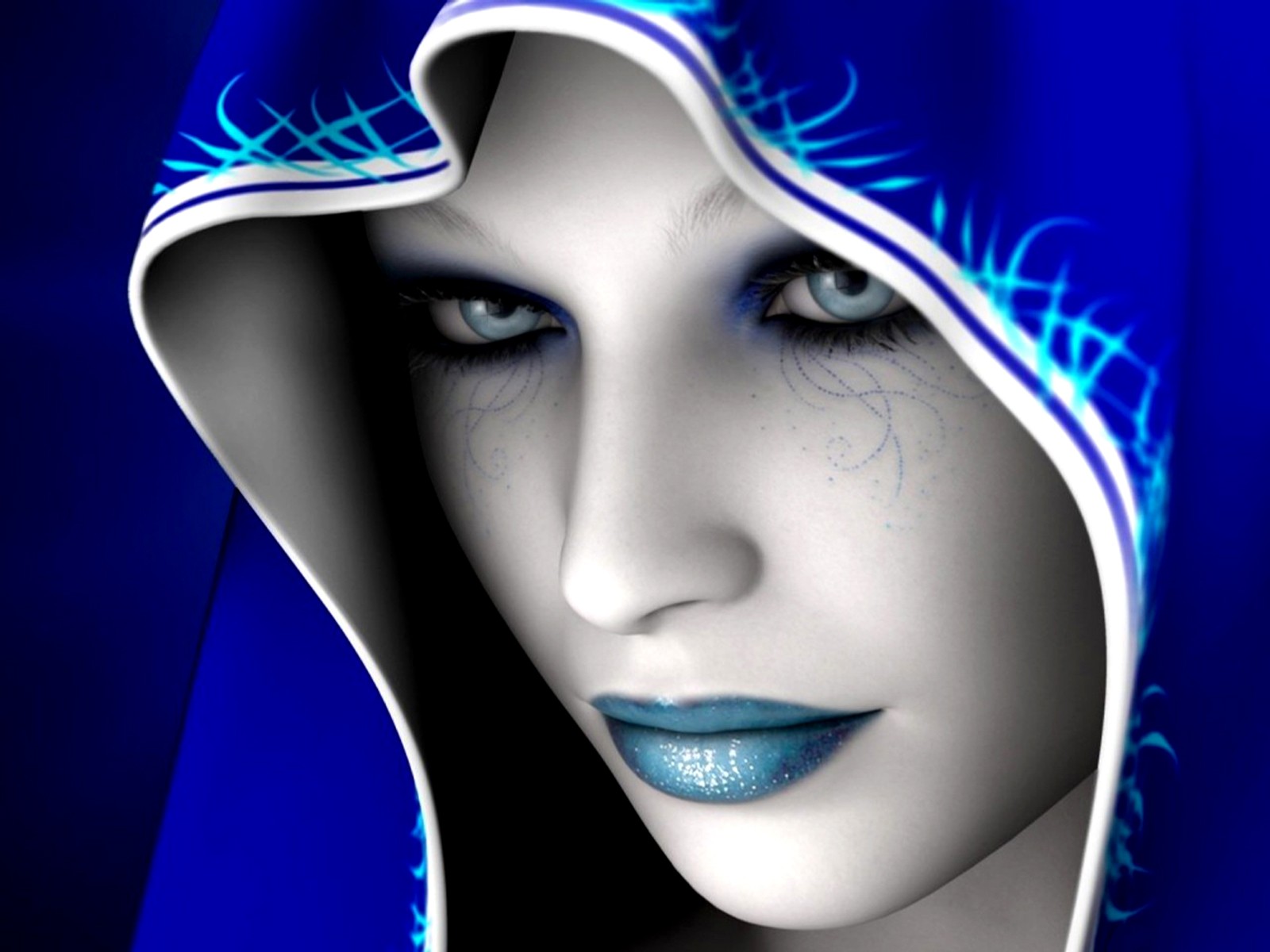 General 1600x1200 blue face CGI fantasy girl fantasy art women digital art blue lipstick hoods blue eyes blue background