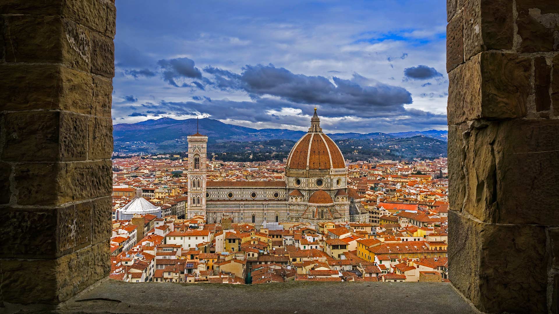 General 1920x1080 architecture building city bricks Florence Italy ancient church history old building window clouds rooftops hills
