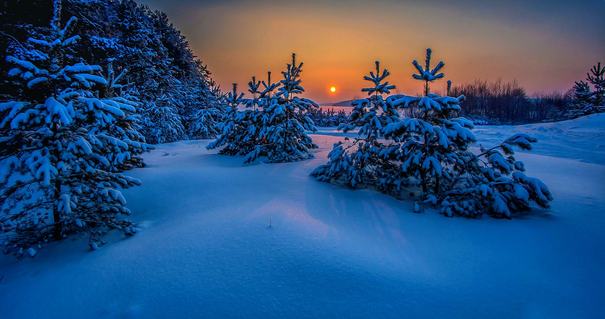 General 2048x1080 landscape snow winter trees nature sunset cold sea blue Russia