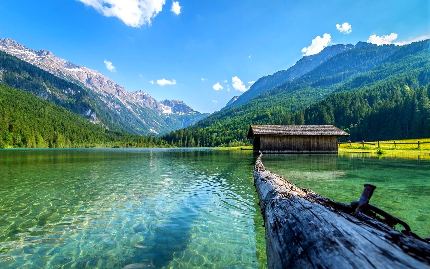 General 1400x875 lake nature boathouses mountains landscape log summer forest daylight water Austria morning