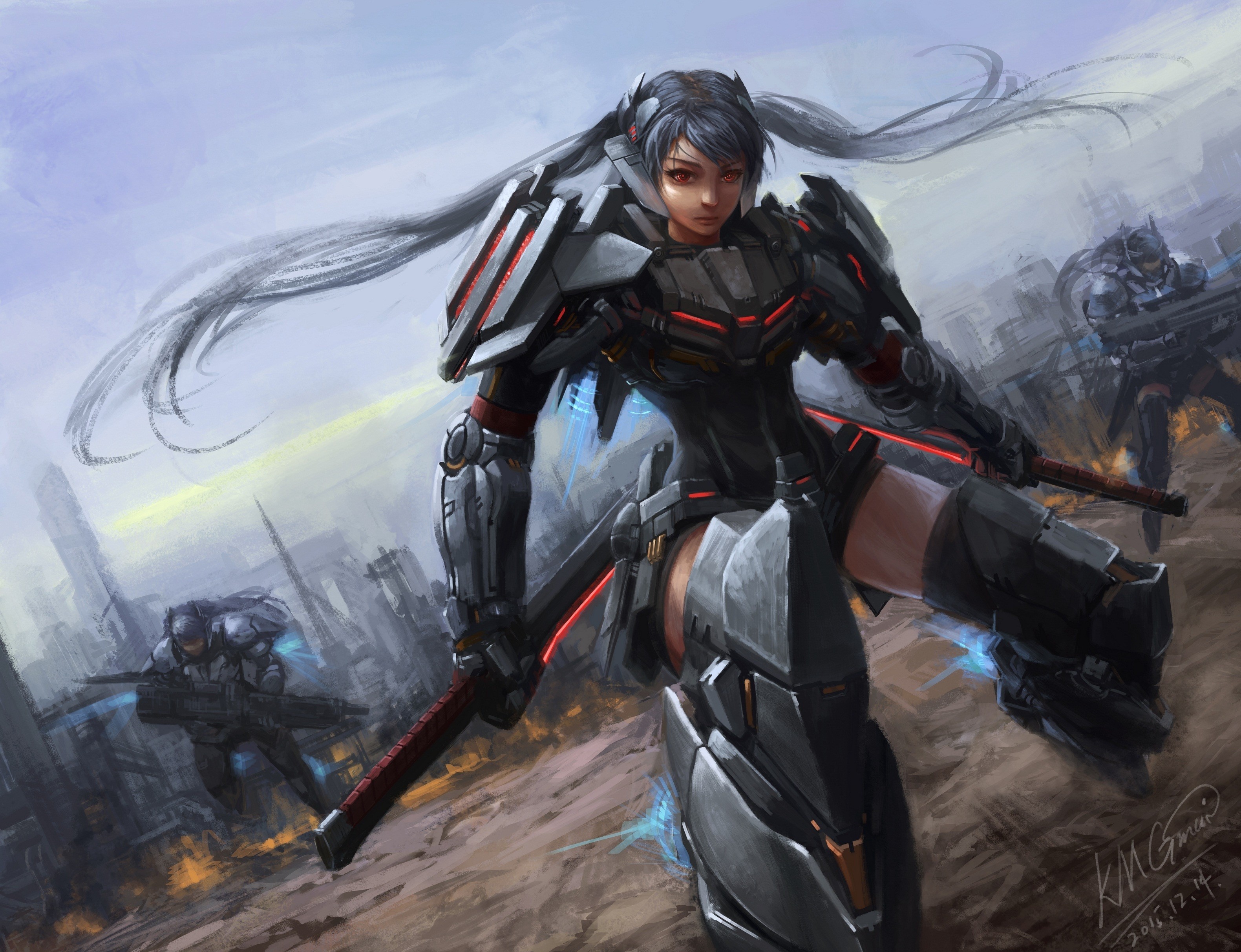 General 3161x2427 futuristic women warrior artwork science fiction women science fiction long hair digital art signature 2015 (Year) twintails hair blowing in the wind sky girls with guns weapon looking at viewer outdoors women outdoors red eyes armor