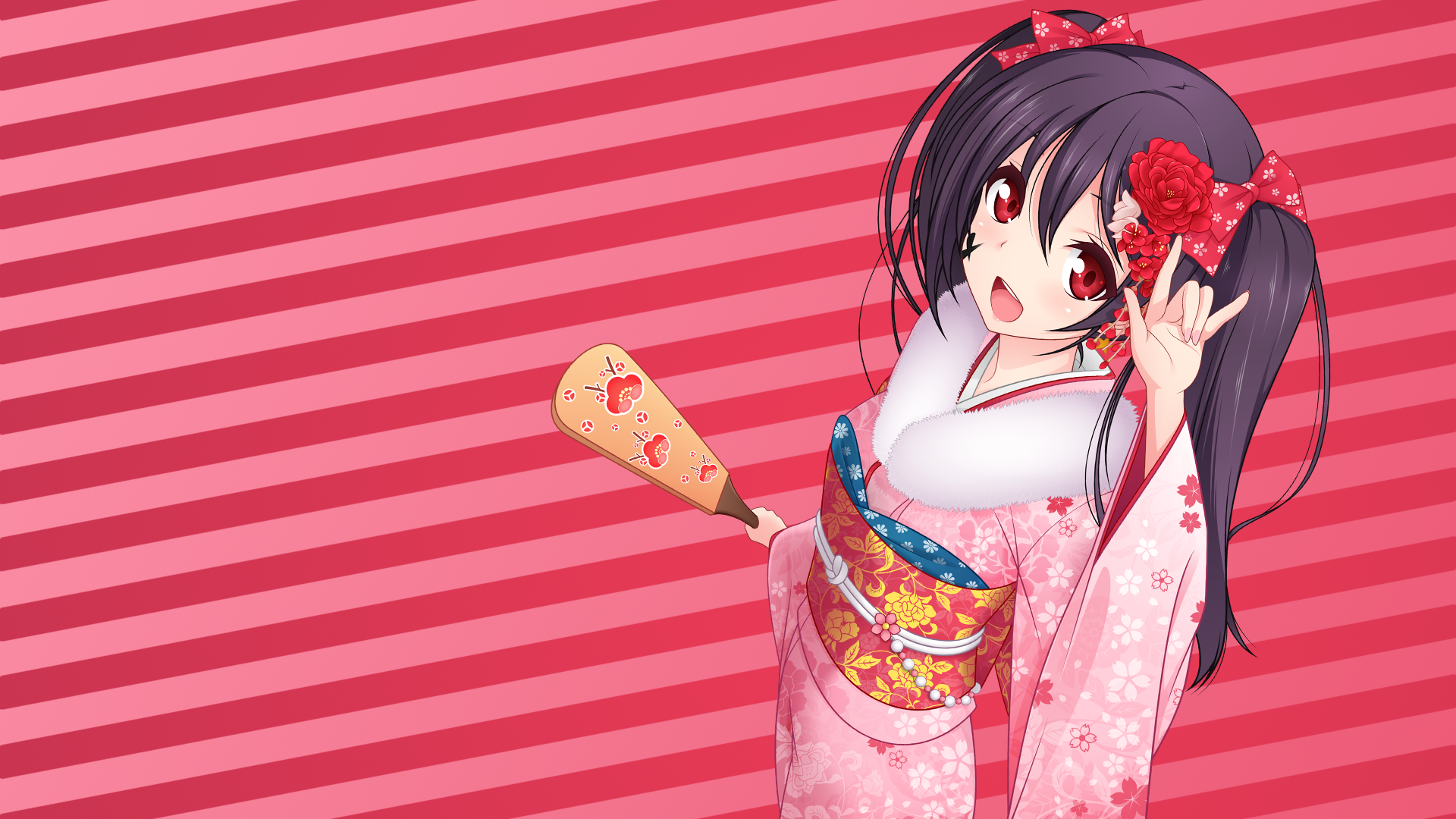 Anime 1920x1080 Love Live! anime anime girls Yazawa Nico kimono red eyes lines traditional clothing hand gesture long hair flower in hair open mouth