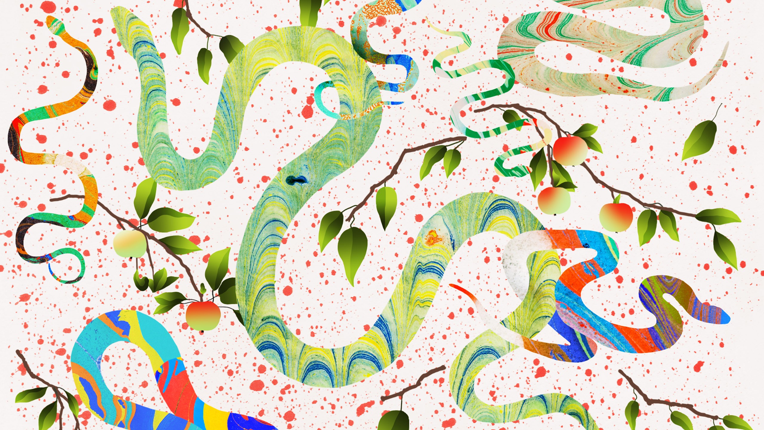 General 2560x1440 digital art abstract artwork animals snake branch leaves paint splatter white background fruit apples colorful
