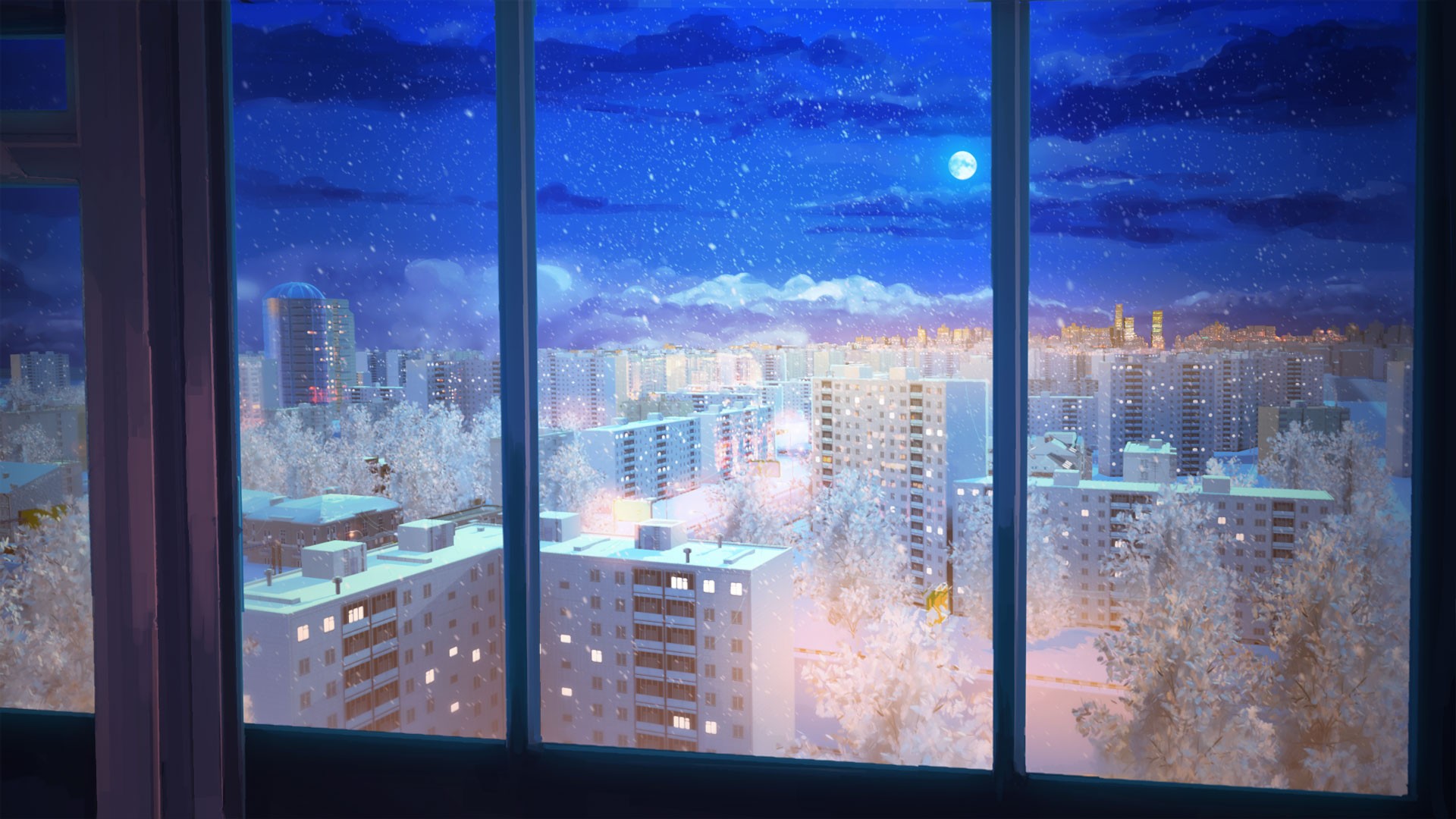 General 1920x1080 night snow Everlasting Summer (visual novel) anime Moon winter