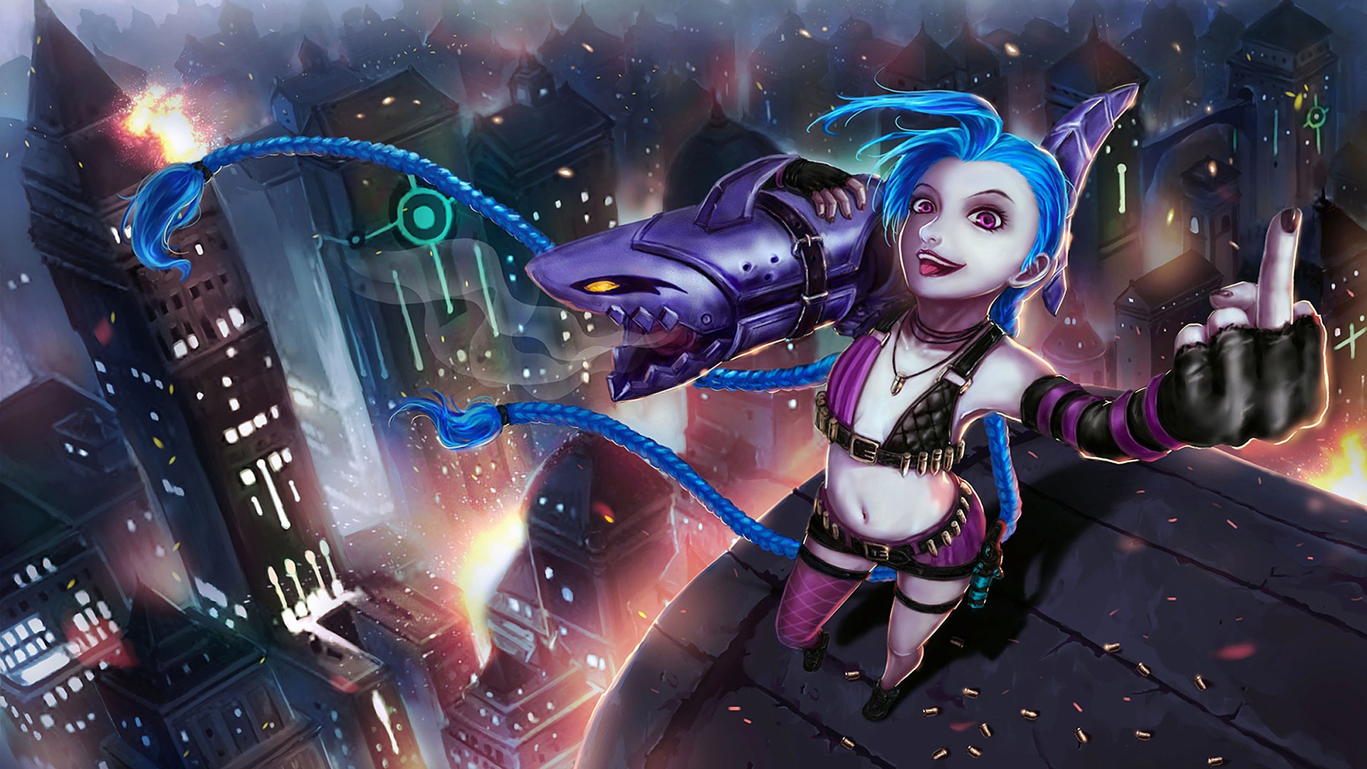 General 1920x1080 Jinx (League of Legends) city fantasy girl blue hair cityscape video games anime girls missing sock belly League of Legends PC gaming tongues tongue out middle finger video game art video game girls video game characters