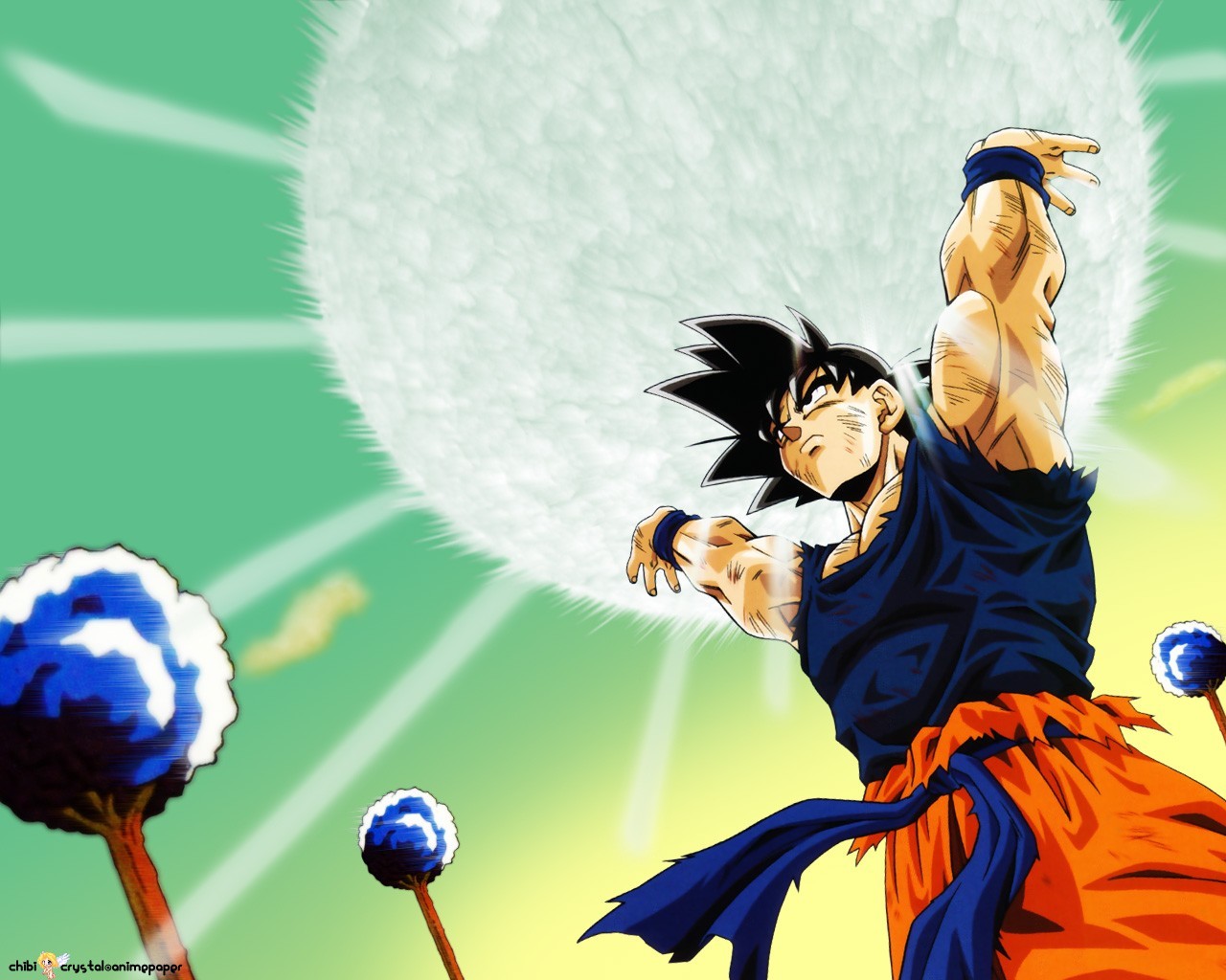 Anime 1280x1024 anime boys anime arms up muscles Son Goku Dragon Ball Z looking away frown closed mouth trees watermarked Spirit Bomb