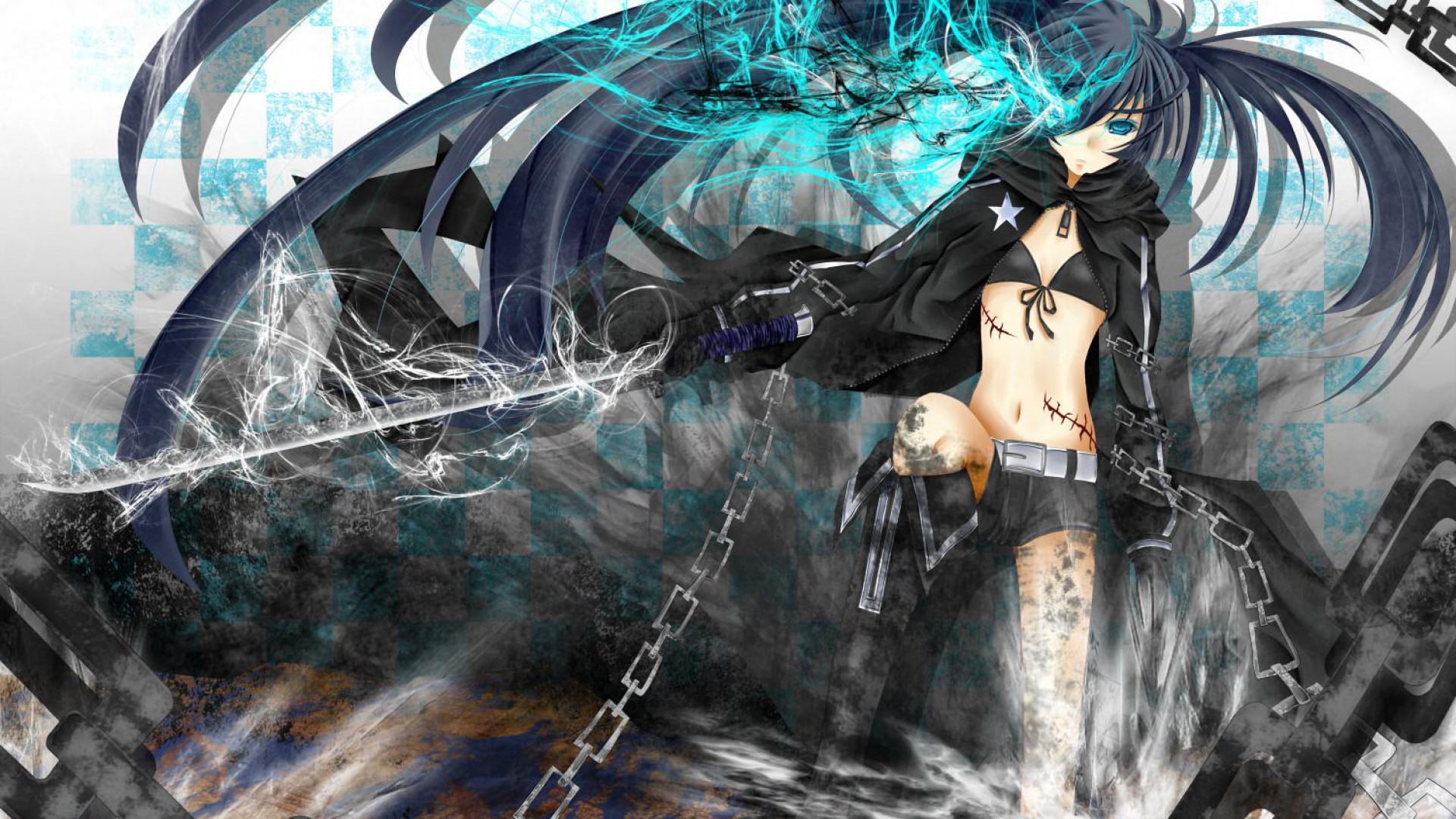 Anime 1920x1080 Black Rock Shooter blue eyes anime girls anime bra black bras belly scars chains hair over one eye looking at viewer