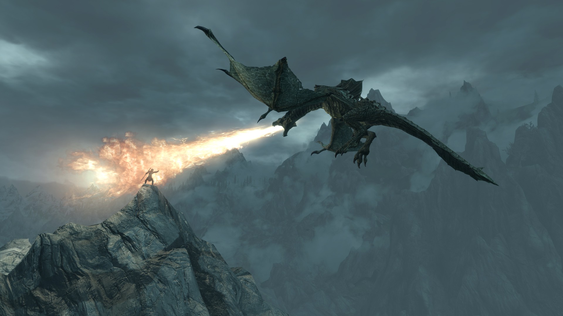 General 1920x1080 The Elder Scrolls V: Skyrim video games RPG PC gaming sky mountains dragon creature fire