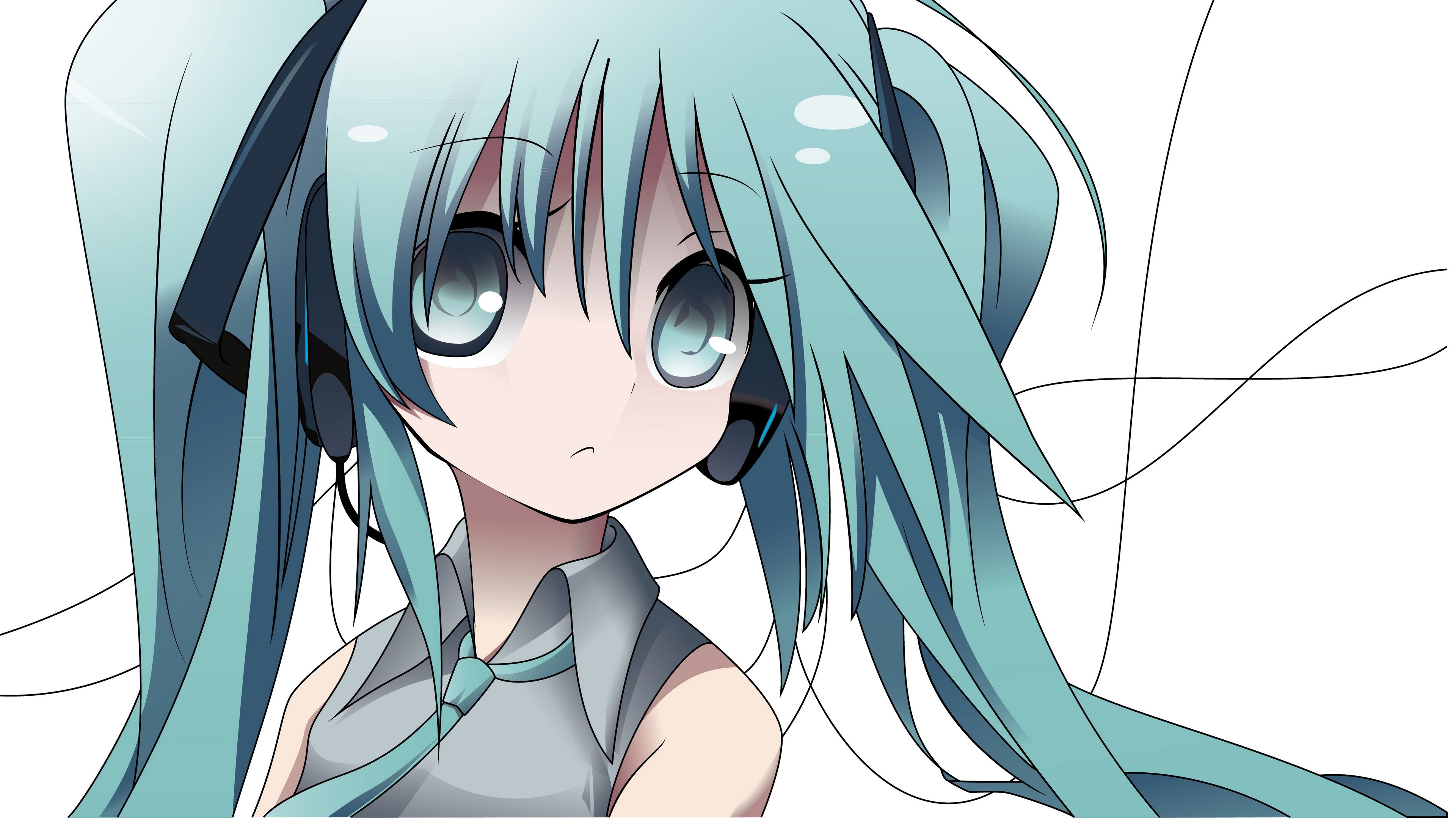 Anime 3840x2160 anime Hatsune Miku Vocaloid aqua eyes cyan hair face simple background white background looking at viewer anime girls tie long hair