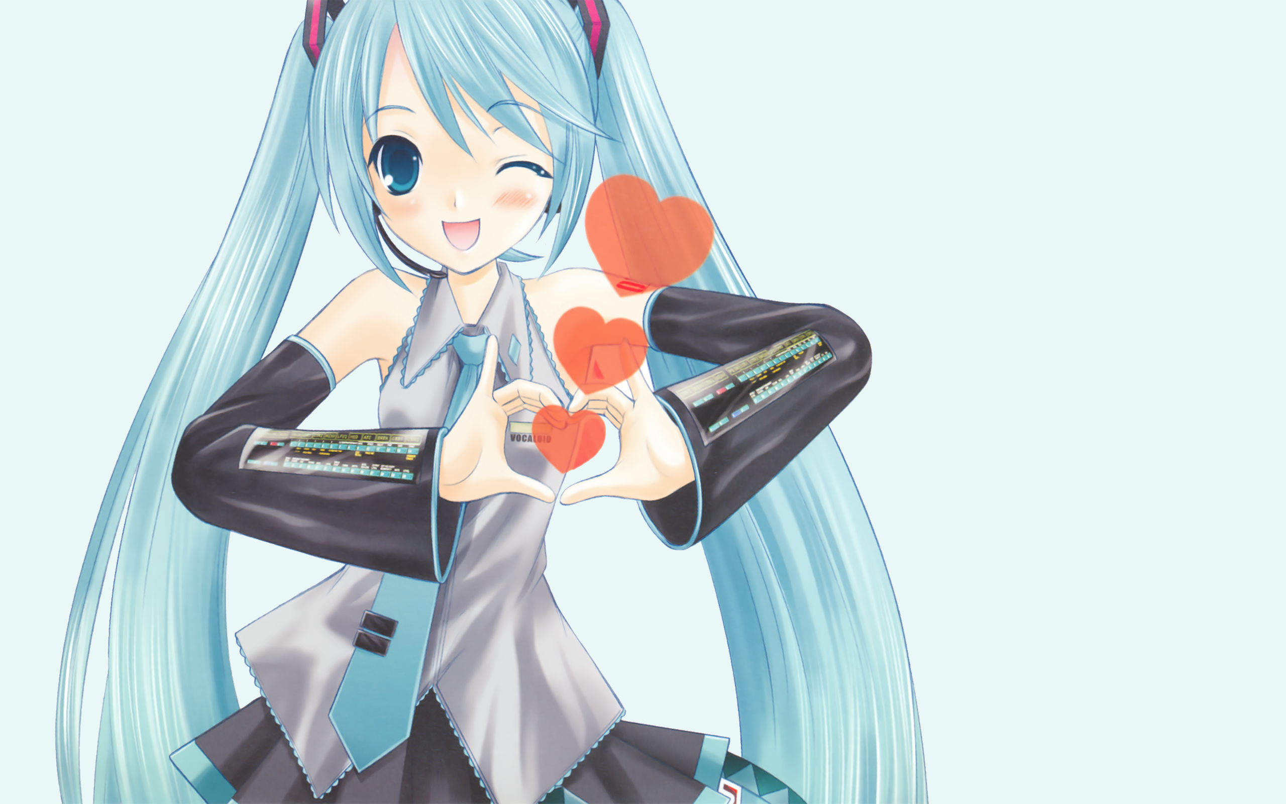 Anime 2560x1600 Vocaloid Hatsune Miku anime girls anime one eye closed heart (design) blue eyes cyan hair long hair tie looking at viewer simple background