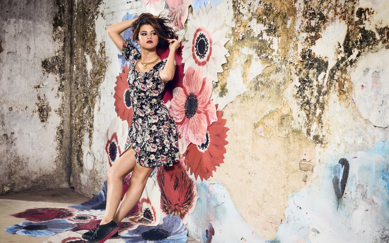 People 1280x800 Selena Gomez floral hands on head flowers abandoned women women indoors shoes arms up dress wall indoors red lipstick leaning actress celebrity