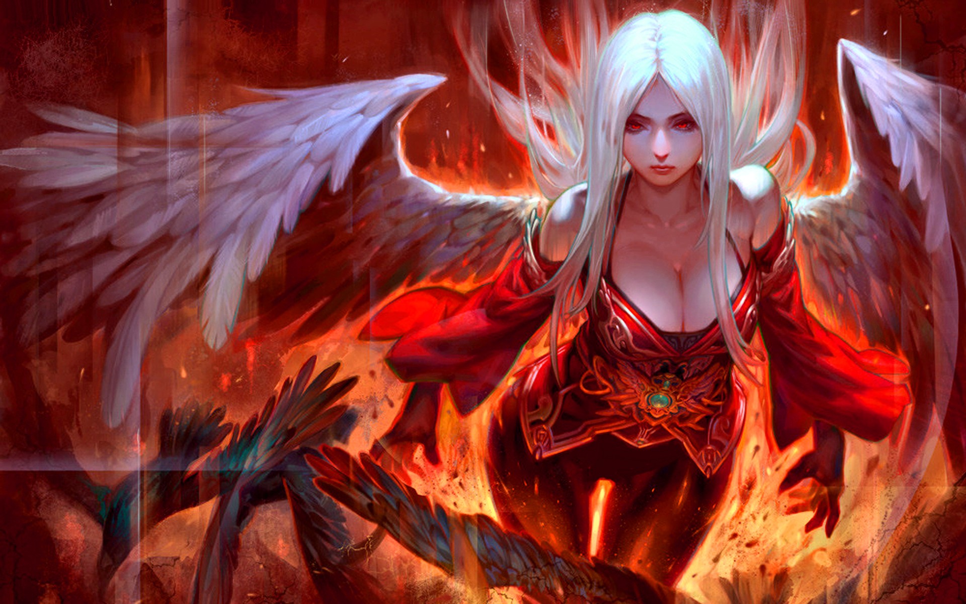 General 1920x1200 angel red eyes big boobs wings boobs cleavage women long hair fantasy art fantasy girl Jason Liang
