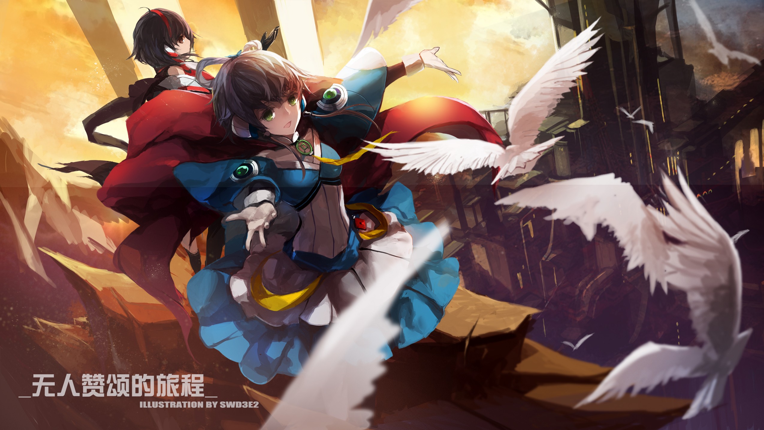 Anime 2550x1434 Swd3e2 anime girls Vocaloid Luo Tianyi (vocaloid) Yuezheng Ling black hair brown eyes birds dress gloves gray hair green eyes