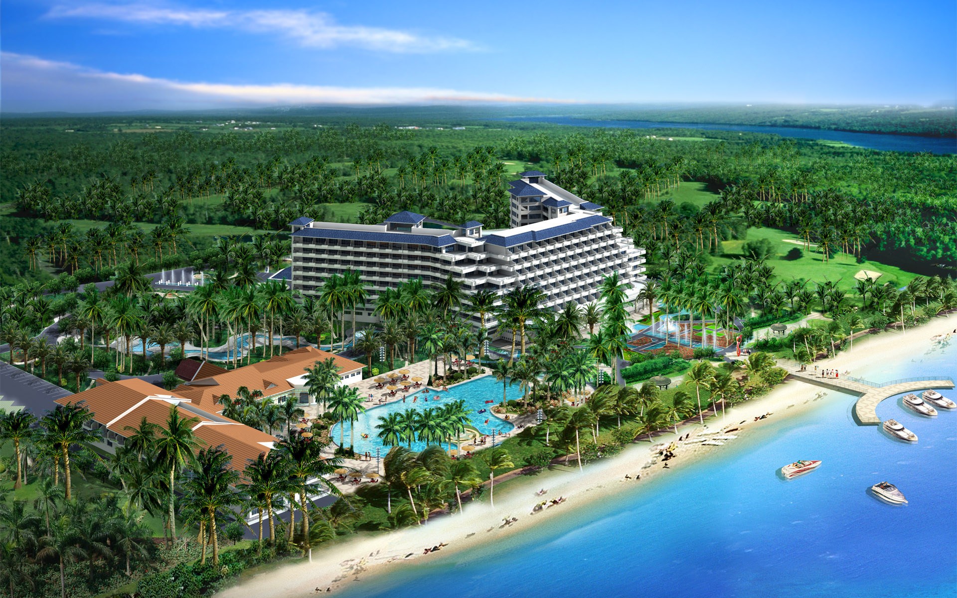 General 1920x1200 digital art concept art hotel landscape beach palm trees CGI