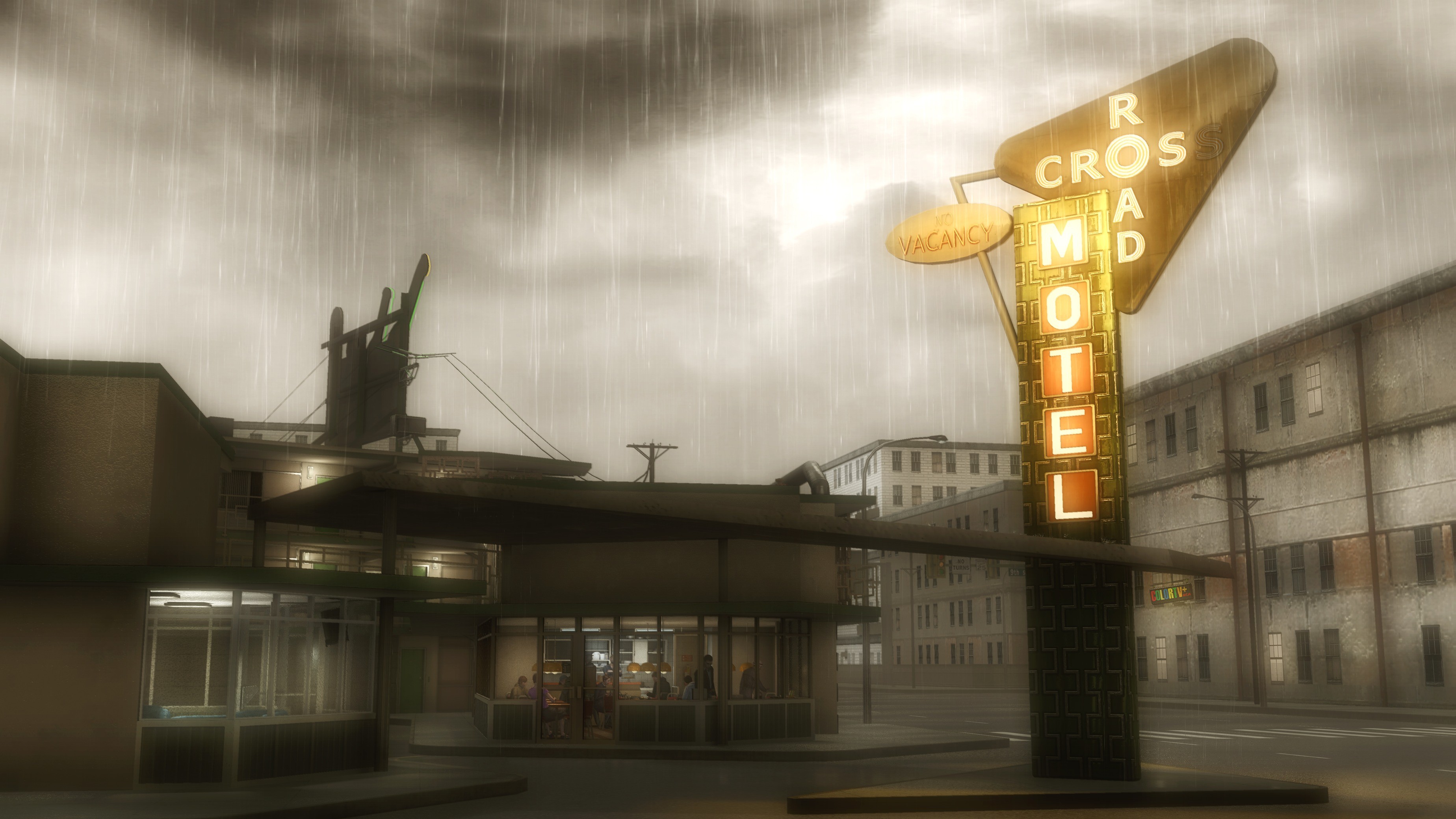 General 3696x2079 architecture building heavy rain video games hotel street clouds crossroads screen shot