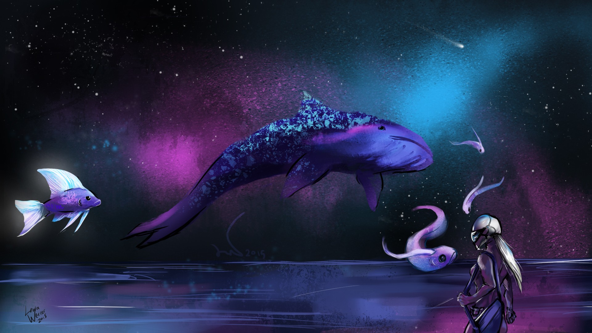 General 1920x1080 space fish whale sea fantasy art science fiction digital art DeviantArt starry night