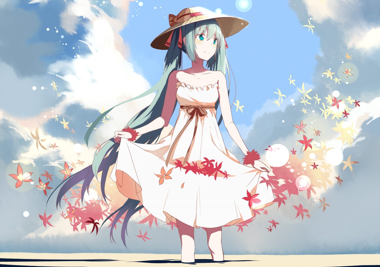 Anime 1240x871 anime Hatsune Miku anime girls hat sky clouds dress sun dress Vocaloid women with hats cyan hair aqua eyes leaves standing in water looking into the distance