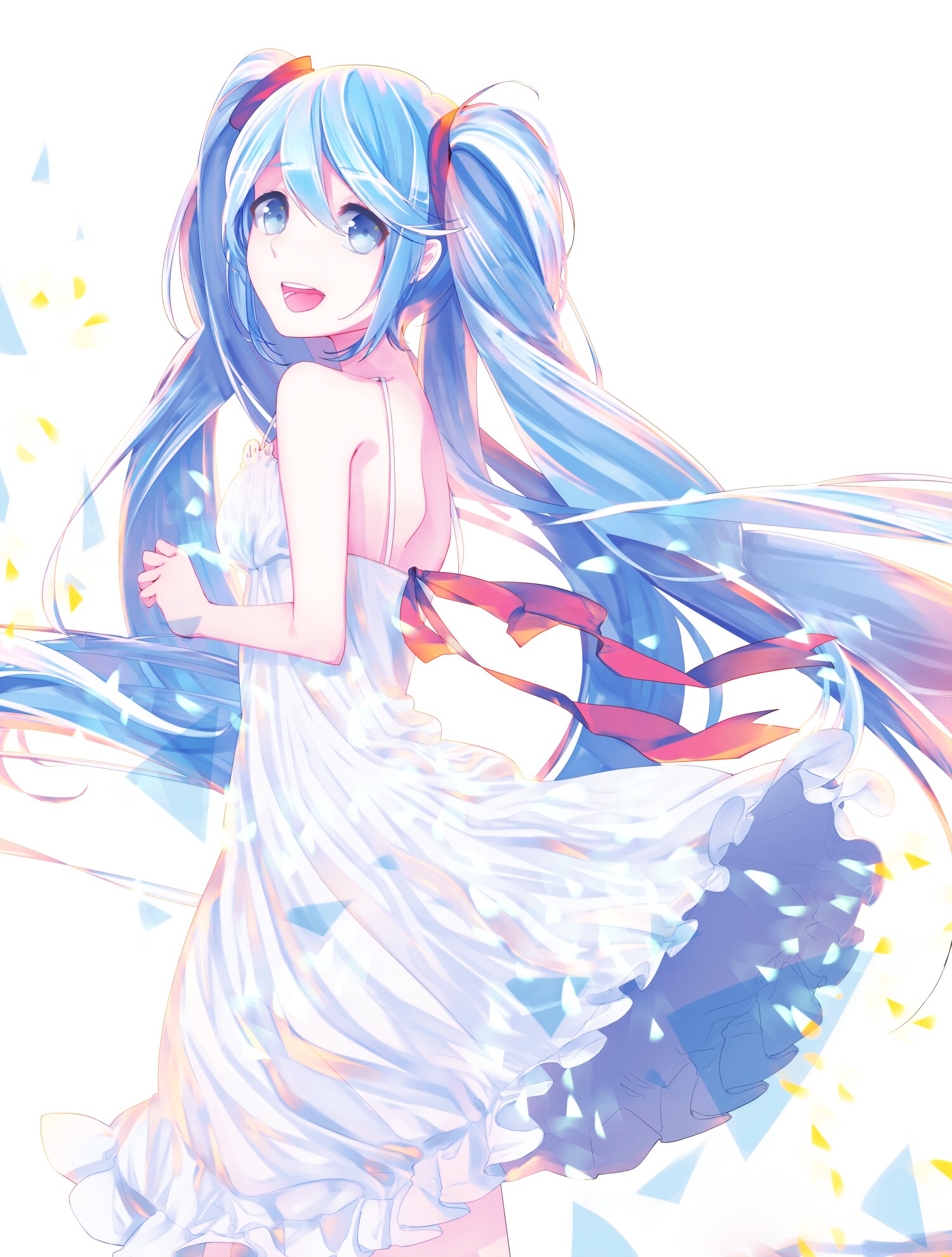 Anime 1500x1980 Vocaloid Hatsune Miku long hair twintails white dress ribbon anime girls anime cyan hair open mouth blue eyes looking at viewer dress