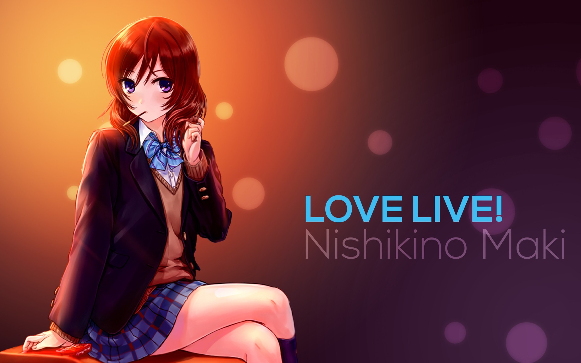 Anime 1920x1200 anime anime girls Love Live! Nishikino Maki miniskirt purple eyes redhead typography sitting legs crossed looking at viewer