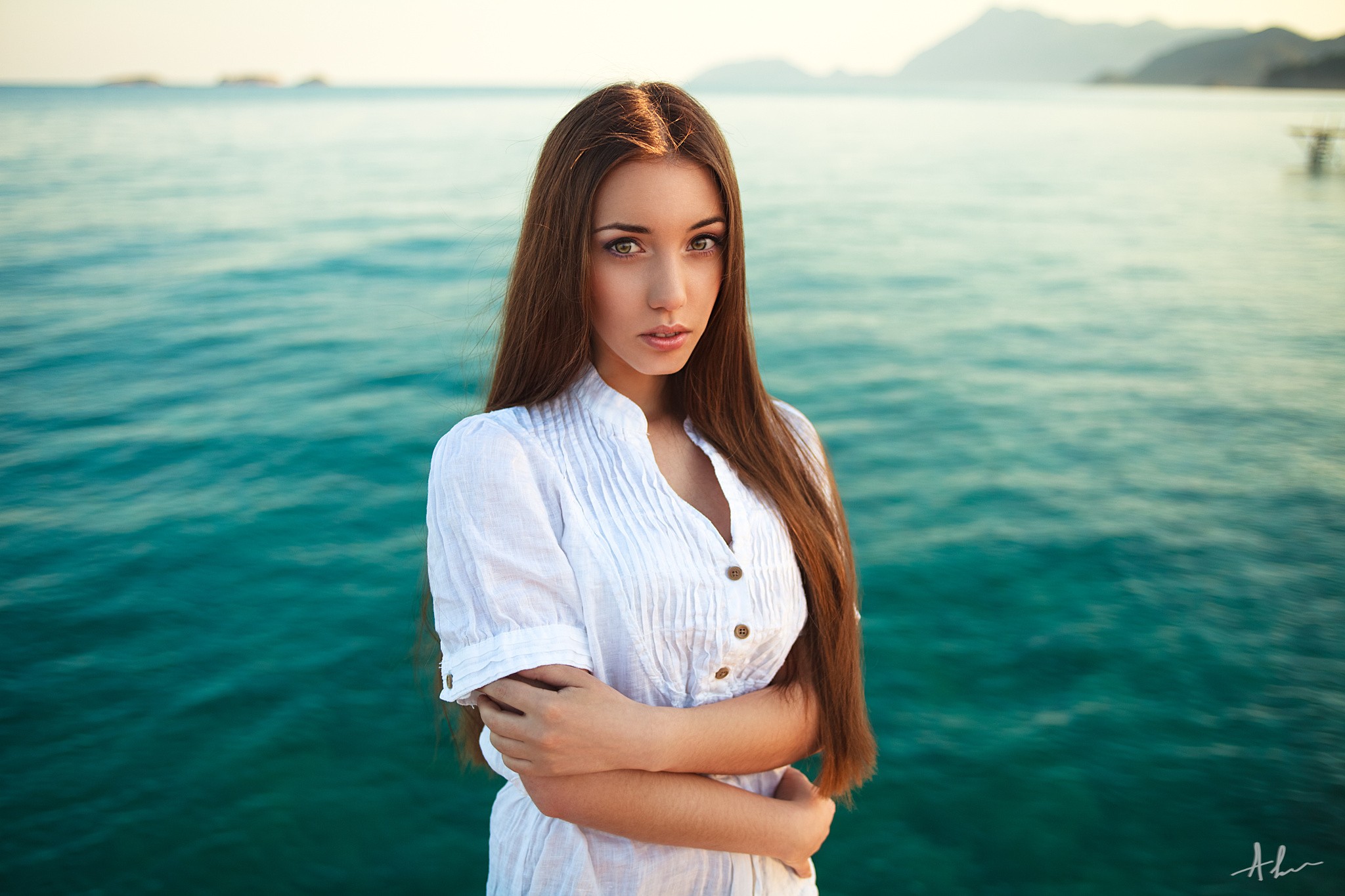 People 2048x1365 women model face portrait sea Kirill Averyanov white shirt brunette long hair arms crossed water women outdoors outdoors makeup straight hair looking at viewer white clothing signature
