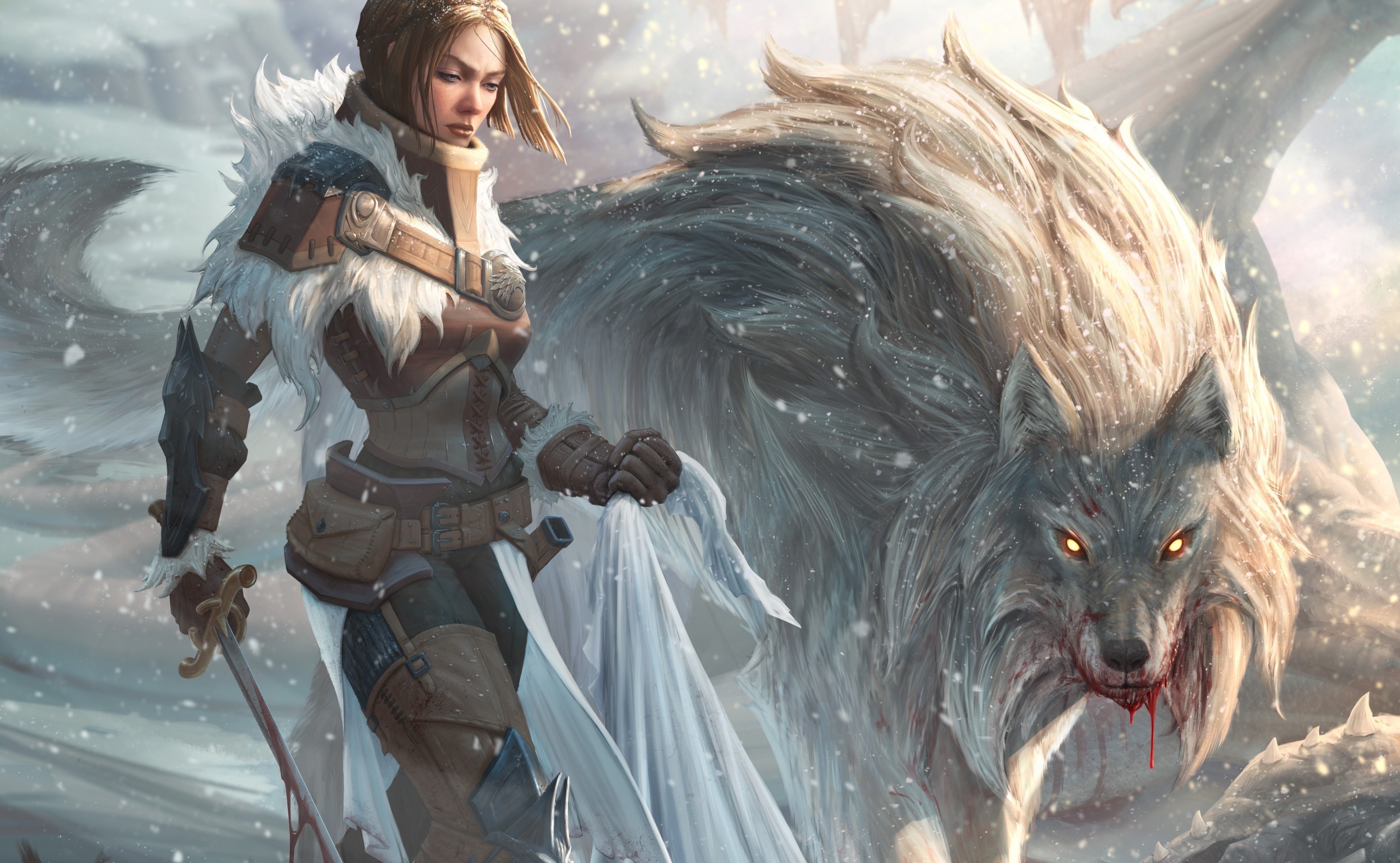 General 2880x1776 artwork fantasy art women wolf Arya Stark blood fantasy girl Game of Thrones TV series fan art digital art