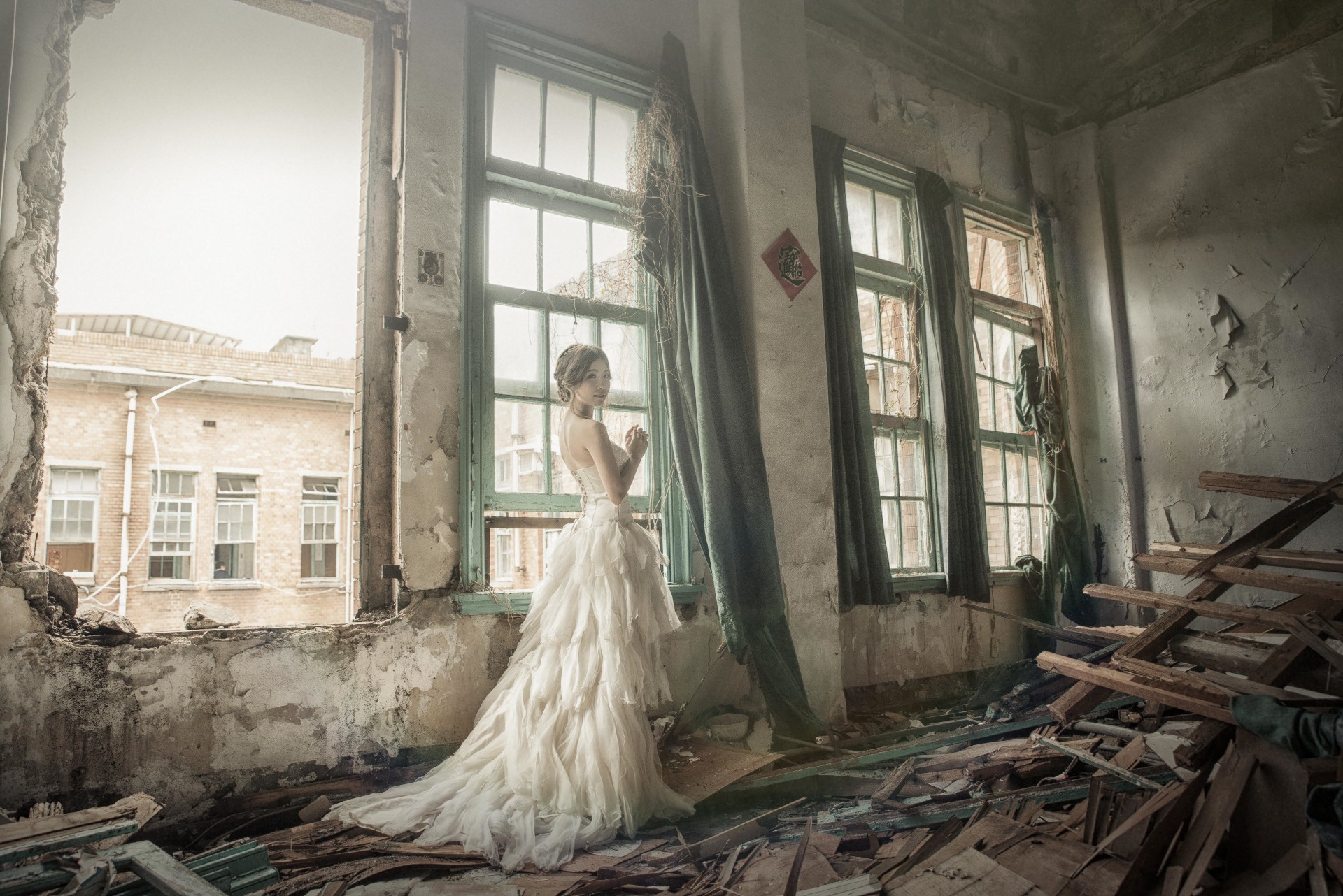 People 1920x1282 ruins Asian women model women indoors indoors dress white dress abandoned white clothing