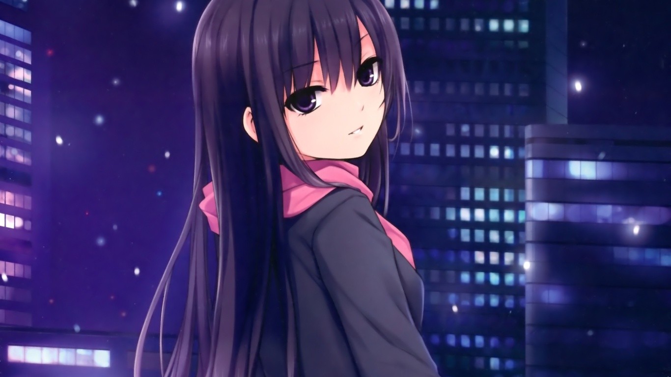 Anime 1366x768 anime Coffee-Kizoku original characters anime girls scarf long hair purple hair purple eyes