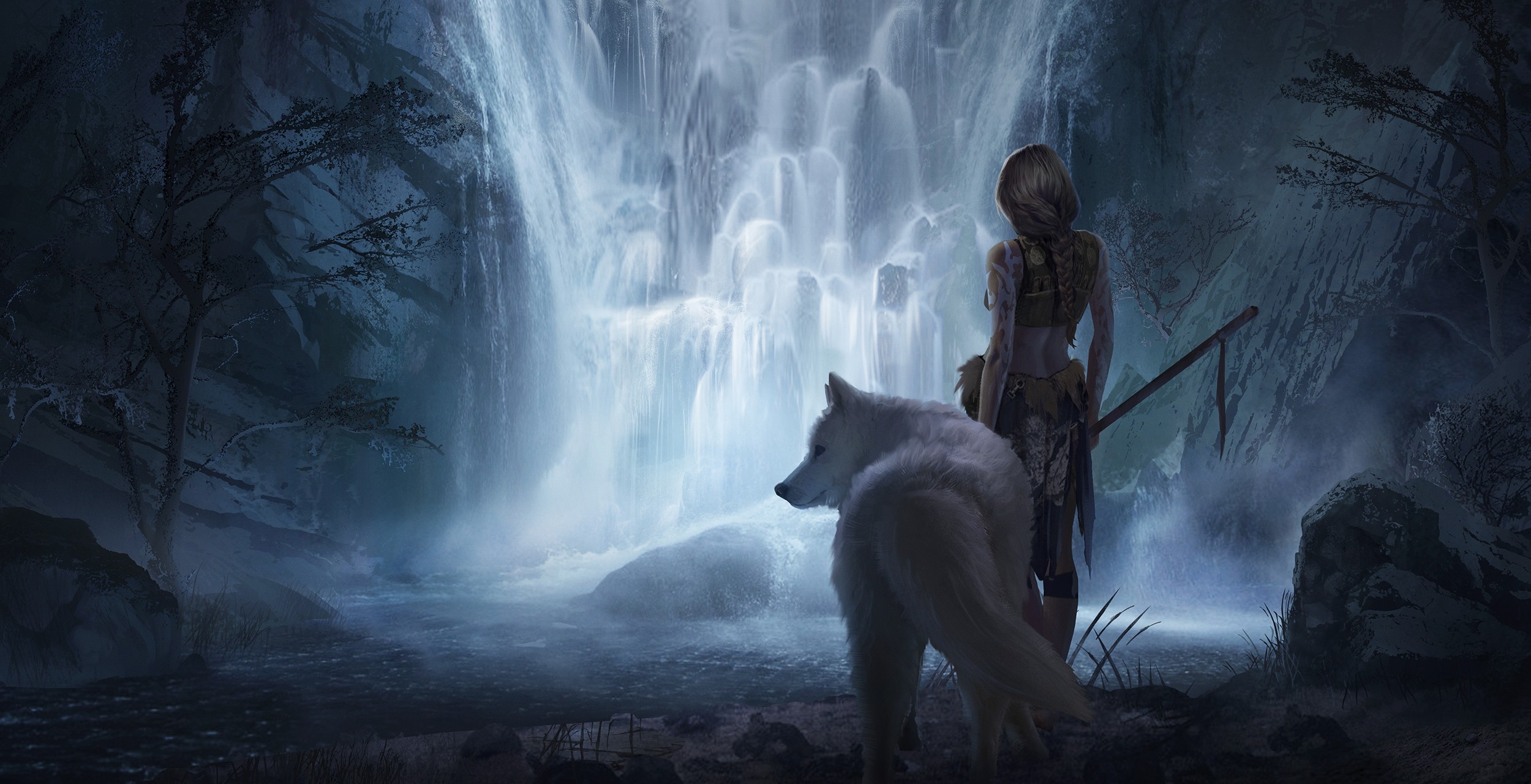 Anime 2500x1281 waterfall wolf drawing women fantasy art fantasy girl