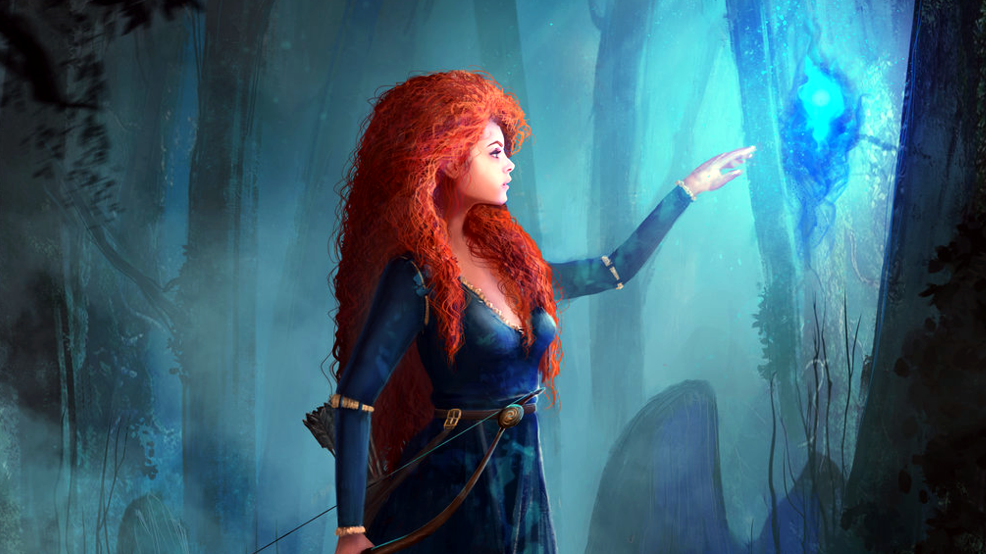 Anime 1920x1080 Brave bow Disney Princess Merida redhead cyan forest fantasy art fantasy girl long hair DeviantArt women